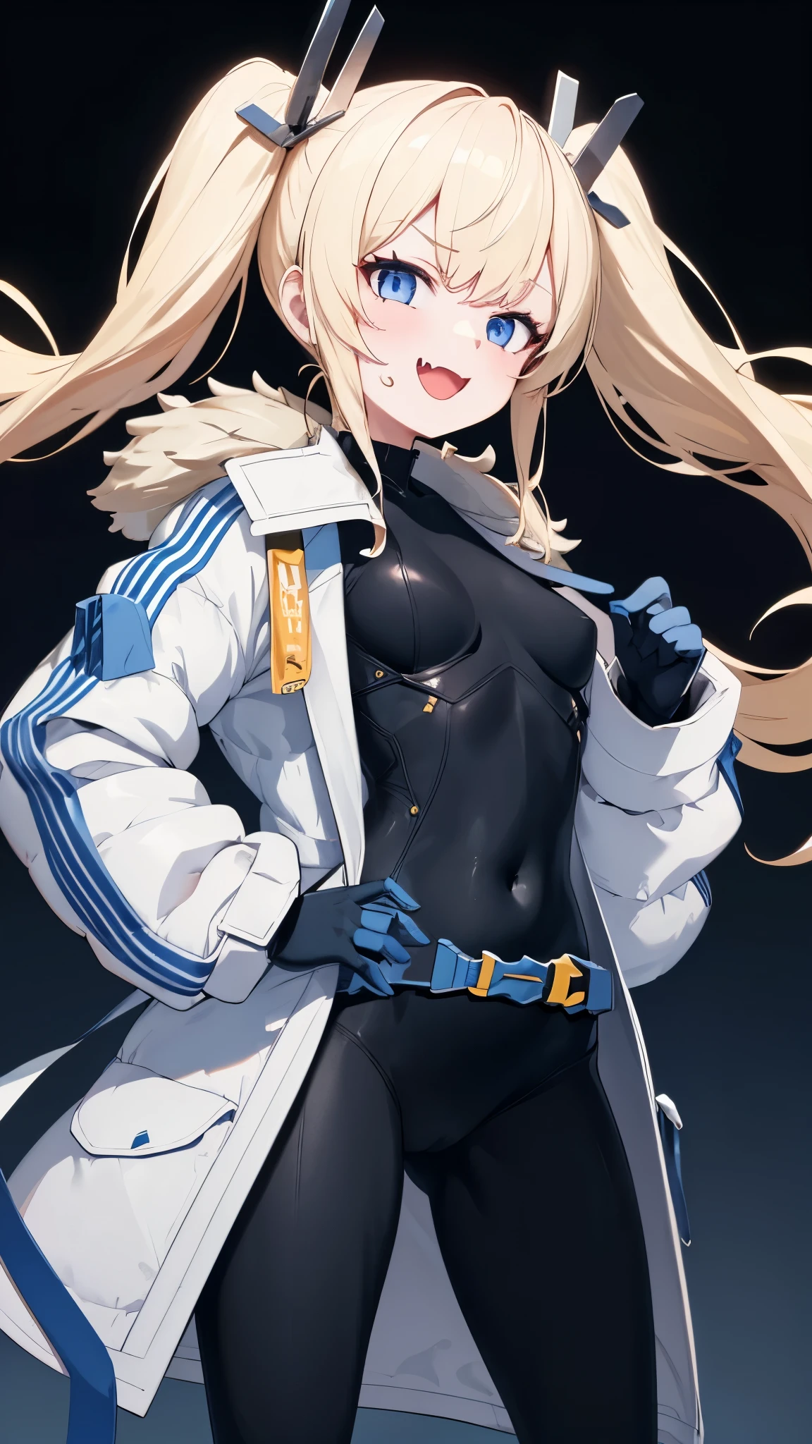 1petite_girl,masterpiece, highest quality,laplace,hair ornament, belt,white_front_open_coat_on_black_bodysuit,fur trim, gloves, blue boots,(upper body),open mouth,(put hands_on_hips),(Standing_in_honor),big_Smile, smug_face, laugh,large_open_mouth,fang, bandage_on_cheek,:3 ,navel,groin,
