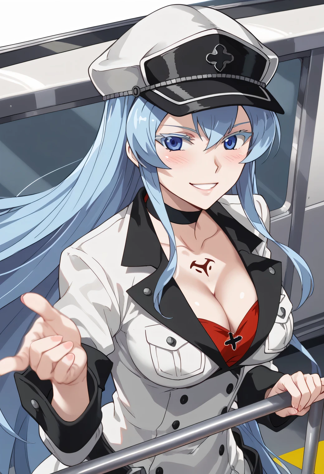 esdeath, 1girl, blue eyes, light blue hair, long hair, eyelashes, solo, 1girl, breasts, in a ruby red satin crop top with a bold plunge past her mid-torso, paired with strappy garters and fishnet stockings with a faint glow, standing on the edge of a speeding train’s open carriage, one hand gripping the rail, the other brushing her hair back, wind roaring past as fields blur by, HAT, blush, soft smile, CLEAVAGE