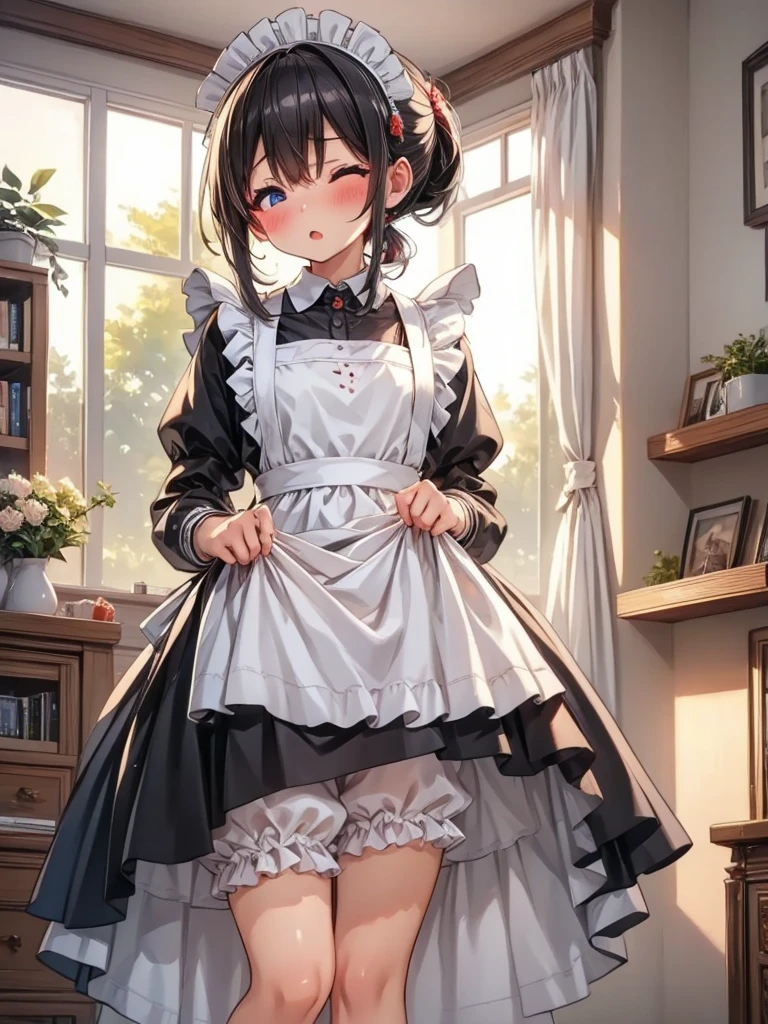 tucking up the skirt、Woman showing underwear in embarrassment、blushed face、White underwear、Panchira,　 Department of Landmines　A dark-haired 、White panties are visible、Sujiman、slit　,Lolita Fashion,