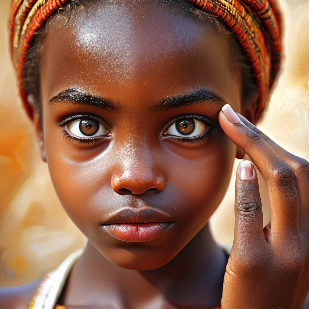 Generate a highly detailed and realistic image of a 10 years old girl from Mozambique. The girl should have authentic Mozambique features, including hair, skin, and face. House background. Hyper-realistic