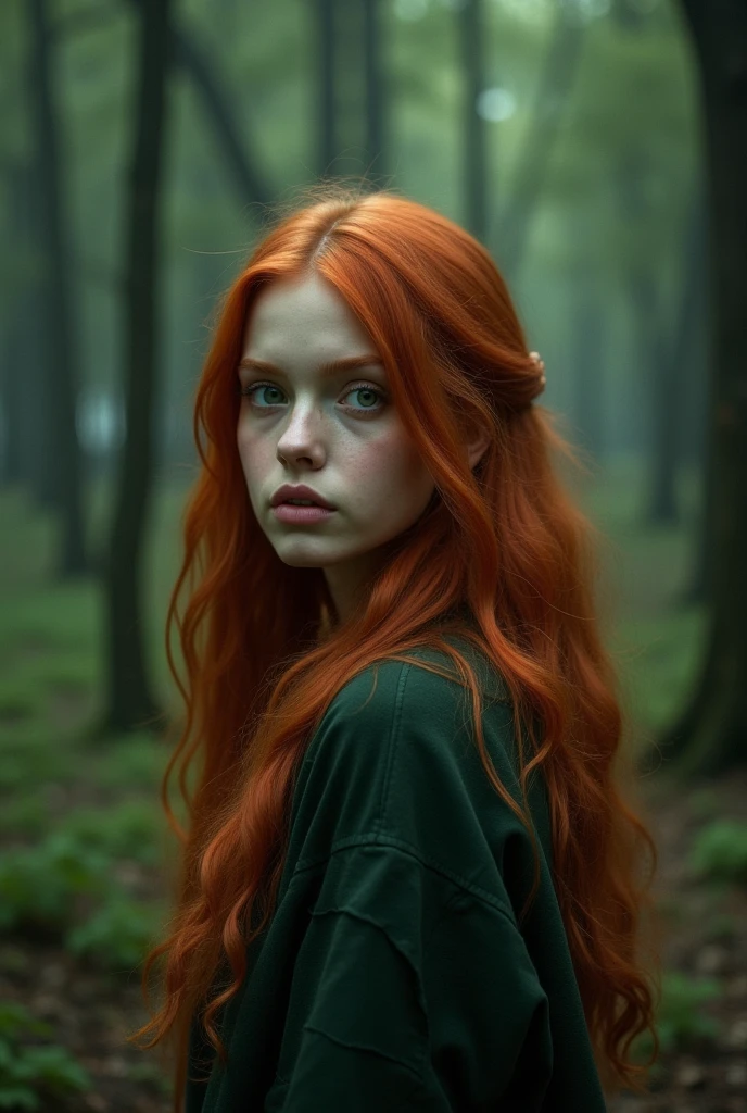 (Mackenzie Foy long red hair with legs spread, hands on breasts:1.6) (wind blows long, Messy hair:1.3), blue colored eyes, detailedeyes, detailed lips, (girl no, sensuous, whole body:1.5), (Low angle photo:1.5), (creepy and scary indoor place, abandoned with fog and mist, neve, Green moss: 1.3), low neck, ray tracing, (best qualityer, 4K, 8k, high resolution, work of art:1.2), very detailled, (realisitic , photorealisitic, photorealisitic :1.37), HDR, ultra HD, work of art, proffesional, bright coloured, bokeh, studio lighting