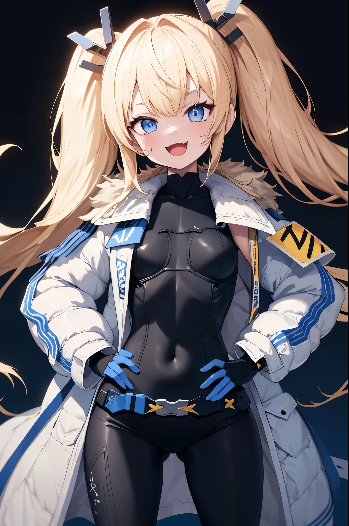 masutepiece, Best Quality, Laplace, Hair Ornament, White coat, Belt bag, Black bodysuit, Fur trim, gloves, Upper body, Smile, smug, Open mouth, one eye closed, Looking at Viewer, constructionyardai, skyporn