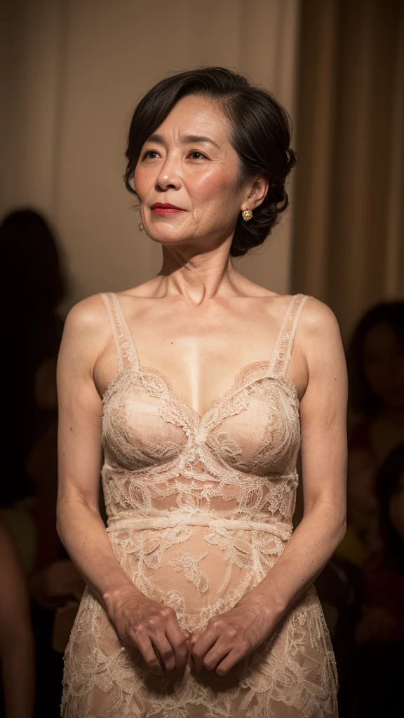 a Japanese old woman, 87 years old, curvy body, wearing fashionable sexy lingerie, smiling, beautiful wrinkled skin, short brown hair, elegant makeup.