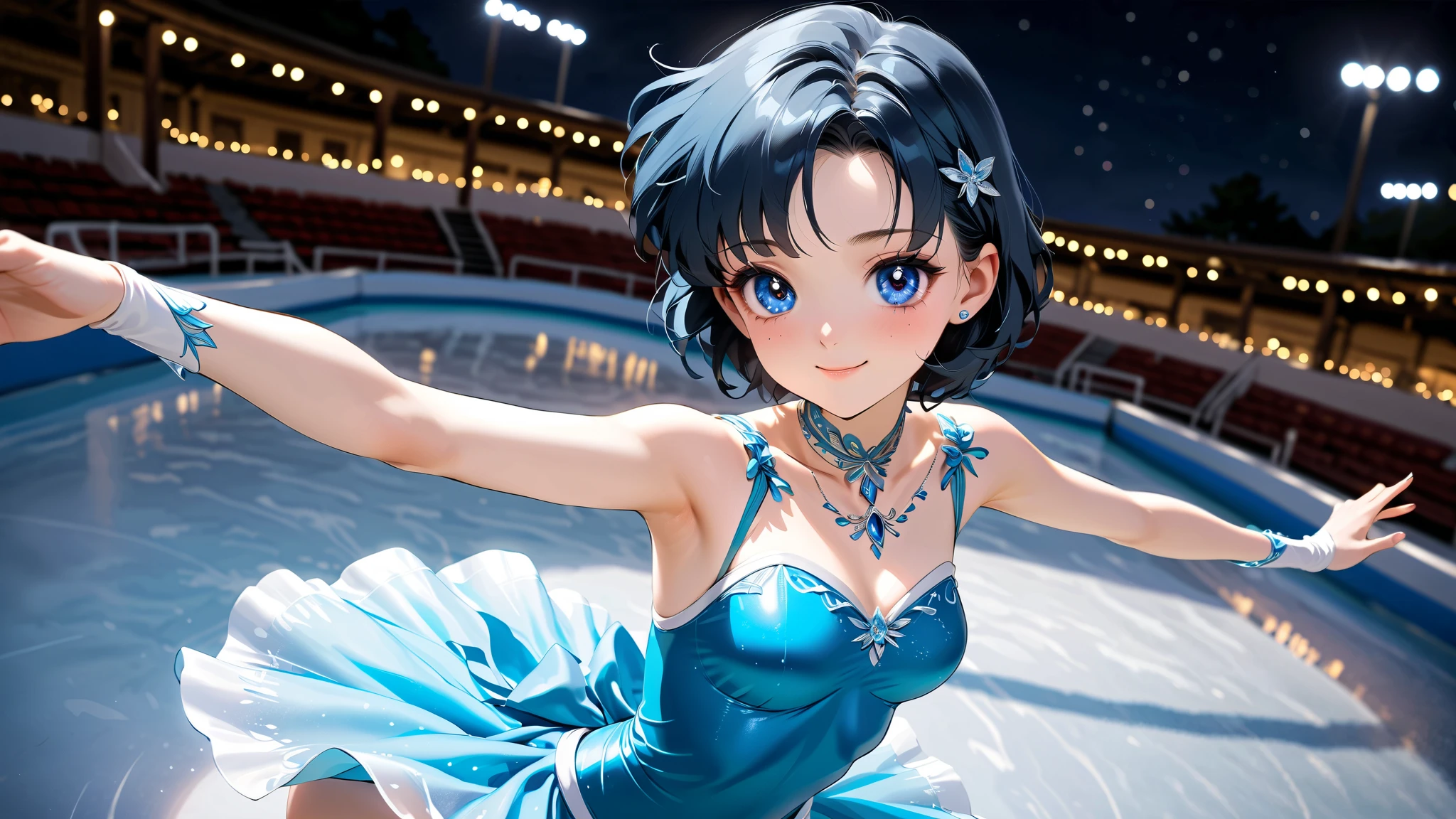 masterpiece, best quality, very aesthetic, ultra detailed, intricate details, ice rink, indoors, upper body, aamercury, short hair, blue hair, blue eyes, small breasts, figure skating,dancing on grand ice skating exhibition, blue dress, leotard dress,Enchanting Eyes, focus drawn to eyes, highly detailed eyes, night, smug, solo