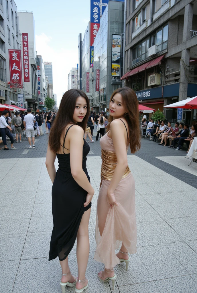high quality, high resolution,Scenery of the city in Japan,One girl with multiple girls in the background,Detailed output of the girl in the background,Spandex dress,The girl in the background is also wearing the same dress.,Colorful dress,Wearing super shiny pantyhose,Brainwashing Makeup,Heavy makeup,Dark eyeshadow,Dark lipstick