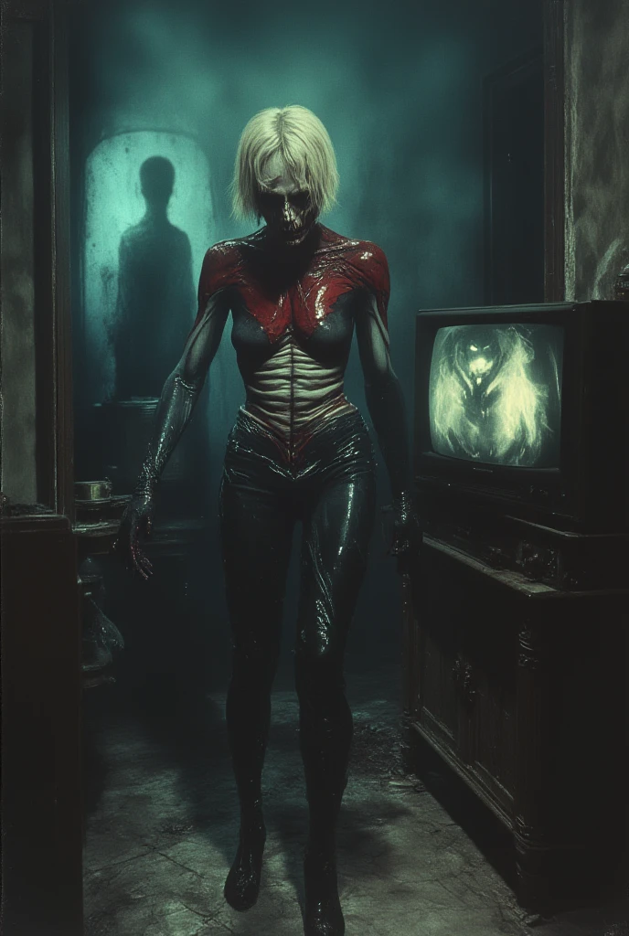 man ultra realistic horror film ,slasher movie,behind a blonde woman crawling on the floor in a bloody outfit screaming, in the ultra realistic hallway, , ultra realistic very detailed slasher scene,very realistic night with very realistic red sky,very detailed very dark city,hyperrealistic,hyperdetailed,4k,image from horror halloween movie