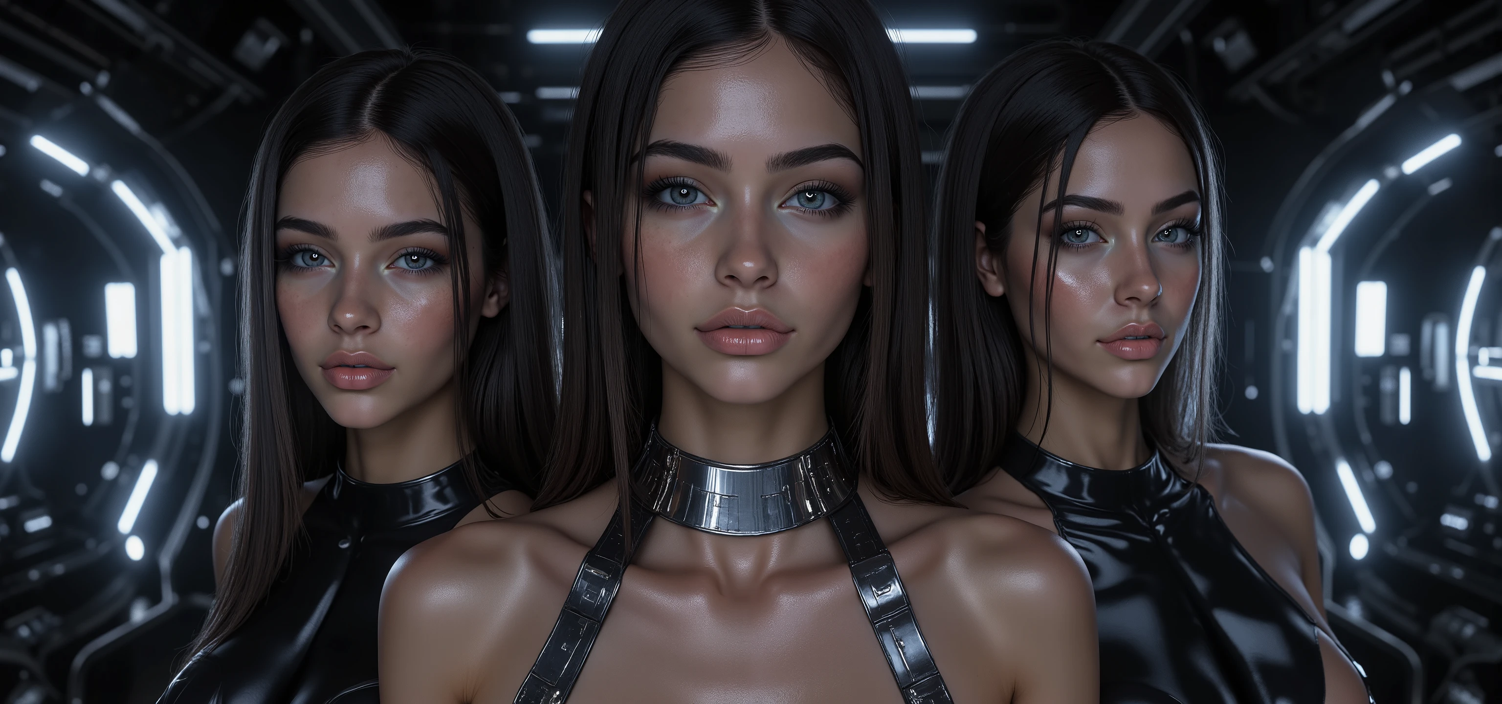 very sharp picture, several beautiful girls,looking at viewer, (( 4 beautiful brazilian model aligned:1.8)),full body view ,(photorealism: 1.4),( hot girl dark brown skin),(complex and realistic skin texture:1.4),dynamic rear view,19years old,insane extremely long blond black hairs fringe, sci-fi,very skinny,very small ass,tight Tight glossy blue white latex combinaison, large cleavage, in a black spaceship ,insane tiny waist and hips,metal large choker, high rise belt, round breast,angelic cute face, white teeth, perfect beauty, perfect eyes render, long eyelashes,large pink lips, (very strong lighting:1.8), hyper realistic and detailed face , blue eyes,(((sharp focus on all bodies:1.8))),