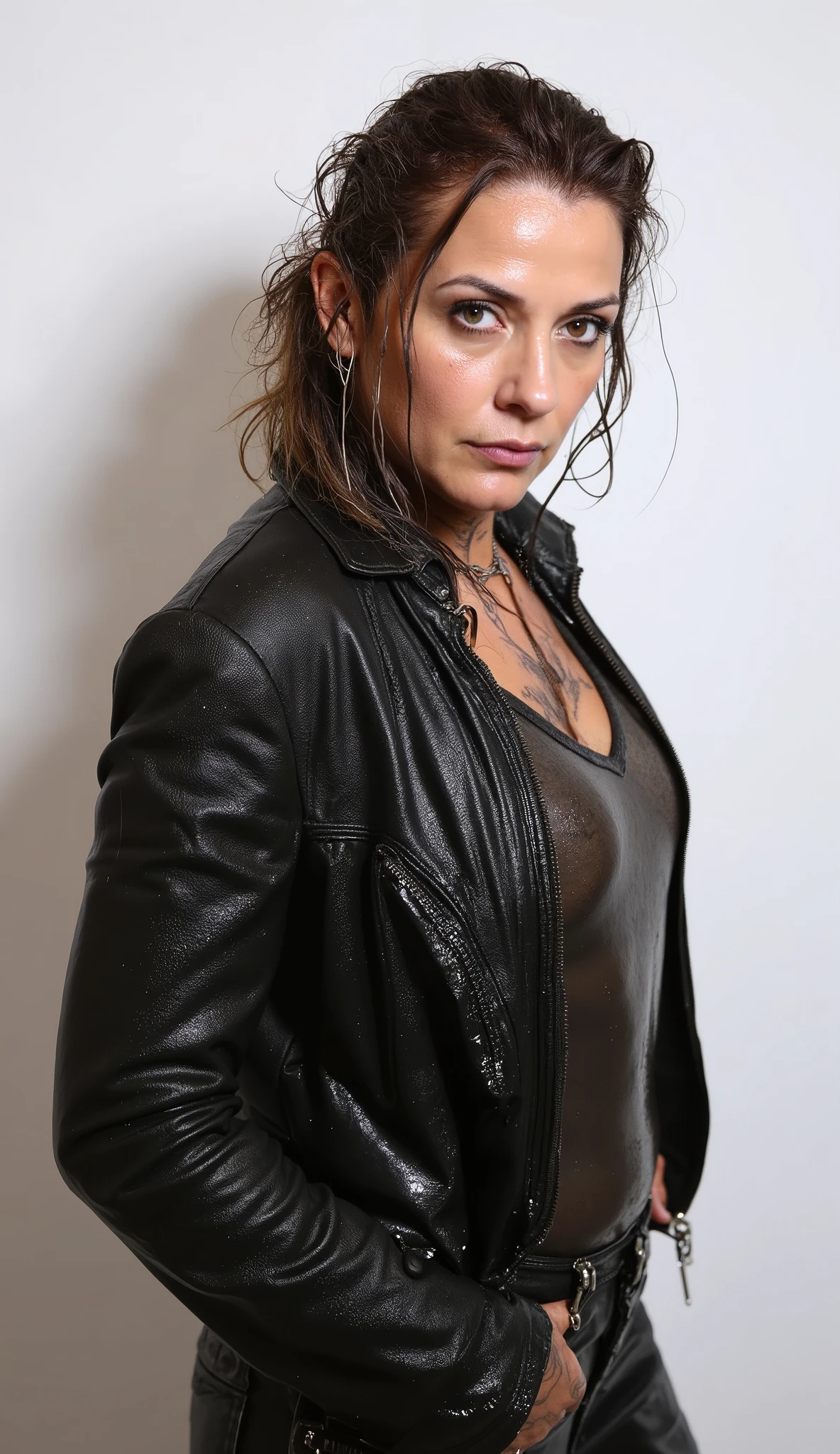 a 40 years old woman, flared jeans, leather jacket, t-shirt, covered in sludge, white background, detailed face, beautiful eyes, sexual tension, high quality, photorealistic, studio lighting, dramatic lighting, vibrant colors, dynamic pose, cinematic, intensive feelings