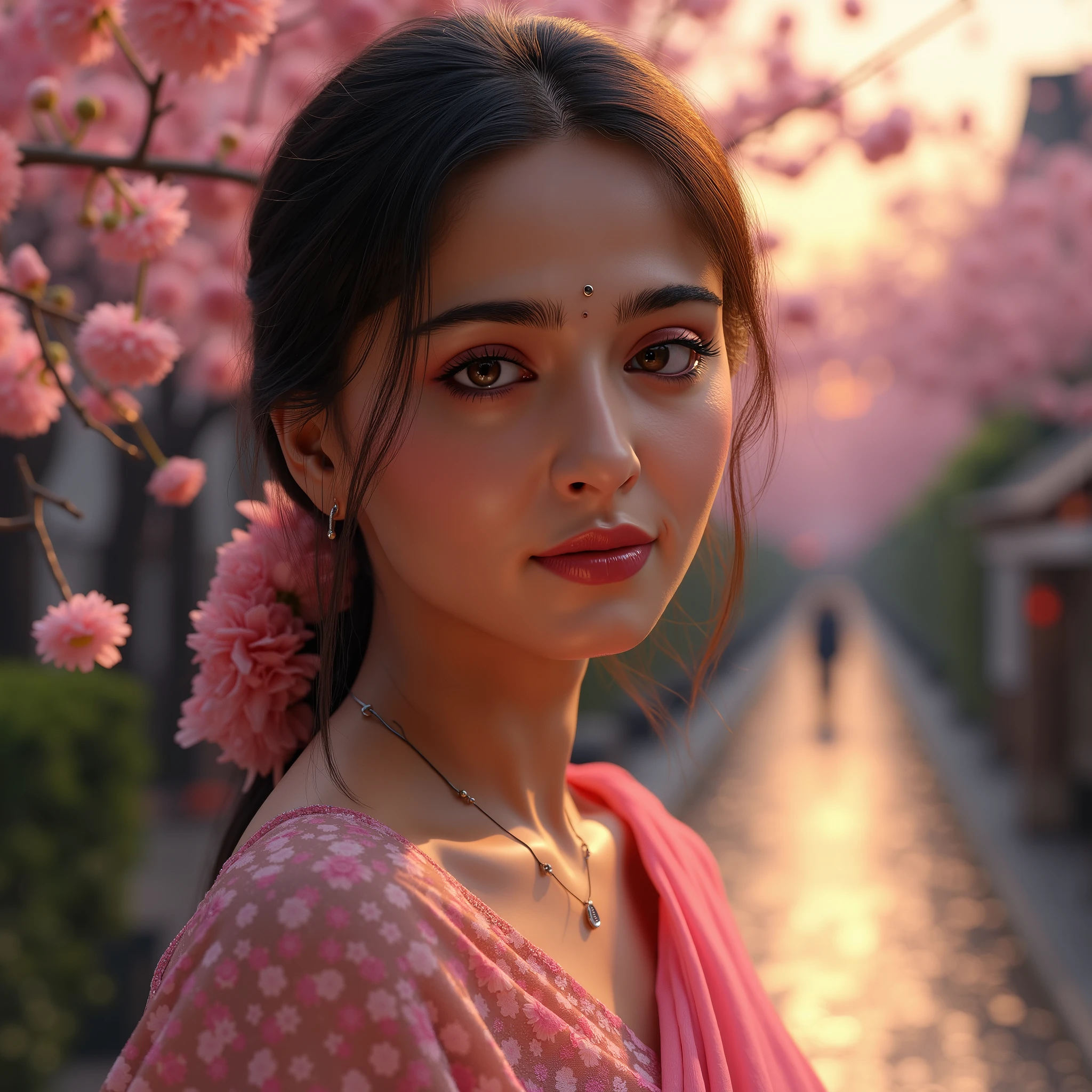 AnushkaShettyFlux [Style: "masterpiece, realistic, Photorealistic realism, Hyper high resolution" - "(Hyper quality, intricate ultra-detailed digital art)"] (Key Directive: "The priority is the anatomical accuracy and texture of the materials as well as the quality of the eyes") {Character: "20-year-old white female" | Face: "symmetrical, pale skin, full lips, red lipstick: 1.15" | Eyes: "((sharp focus, no blurry eyes, Hyper absurd quality, Hyper details, Hyper realistic brown eyes:1.4))" - "((extra narrow eyebrows))" - "(Carefully draw Long blue_mascara:1.2)" - "(perfect round eyes)" | Hair: "waist-length brown curly (setting light reflections: 0.5)" | Pose: "dynamic side position" - "hand is stretched out towards the viewer (inviting hand gesture)" Outfit: smooth silk pink colored saree , thin cloth, semi transparent. Environment: "garden street at sunset (((rain-slick cobblestones), colorful flowers, cherry blossoms))" | Lighting: - "Cinematic clarity and global illumination") Technical Specs: (DOF: "shallow, f/1.8, blurred crowd in background") (Post-Processing: "Specifications: (DPF: "deep, f/1.8, distinct garden in the background") (Post-production: "chromatic aberration: 0.7") (Rendering engine: "Unreal Engine 5 path tracing, 16K texture maps") }