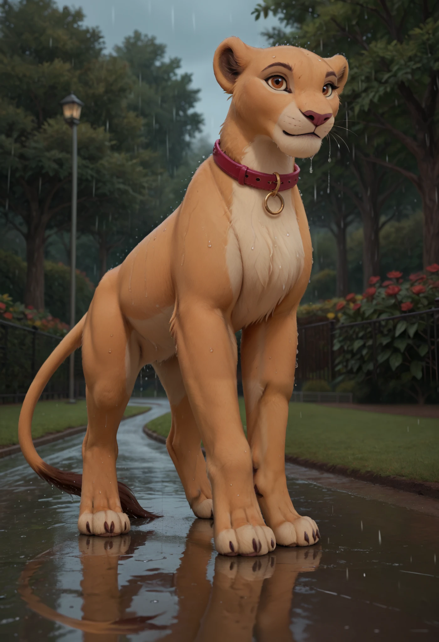 score_9, score_8_up, score_7_up, score_6_up, absurdres, furry art, far shot,solo, kiara, lioness, (((feral))), female lion, reddish brown eyes, fullbody, collar, wet fur, tail, extra fluffy, ((quadruped)), rain, park, view from below, (((three quater back view))), detailed background