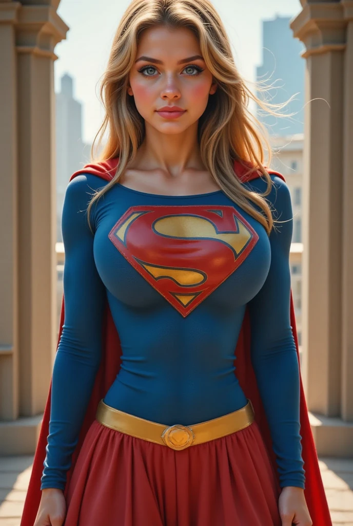 full view of A SEXY TEENAGE FEMALE WITH PEARL BLUE EYES AND LONG MESSY HAIR WEARING A CLASSIC BLUE SUPERMAN LONG SLEEVED CROP TOP COSTUME, A SHORT RED PLEATED SKIRT WITH A YELLOW BELT, RED HIGH HEELED BOOTS, AND RED SUPERMAN CAPE WITH YELLOW TRIM. large breasts, incredibly detailed skin and eyes, seductive poses, 8K resolution, masterpiece, ultra-detailed, realistic, photo-realistic, vivid colors, dramatic lighting,