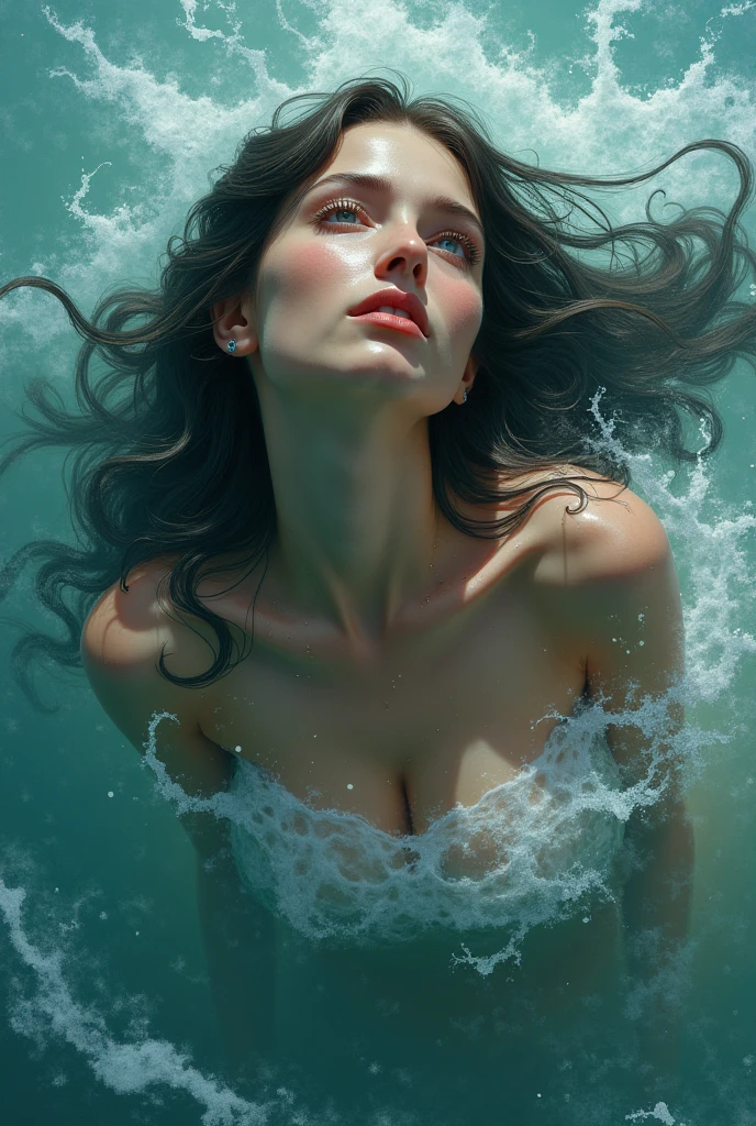 stunning realistic picture, masterpiece, high detail, small touches, positive and joyful tones, use natural color, шикарная nude девушка в воде, angle of half a girl in waist-deep water, that part of the body that is visible in the water, the water is crystal clear and transparent, the girl is dry from the waist up, hair blowing in the wind, hands raised straightens hair, against the backdrop of a waterfall, nude , raw style art, characterized by bright and delicate colors, thick textured paint, intense black strokes, and affected parts ral-drptpl