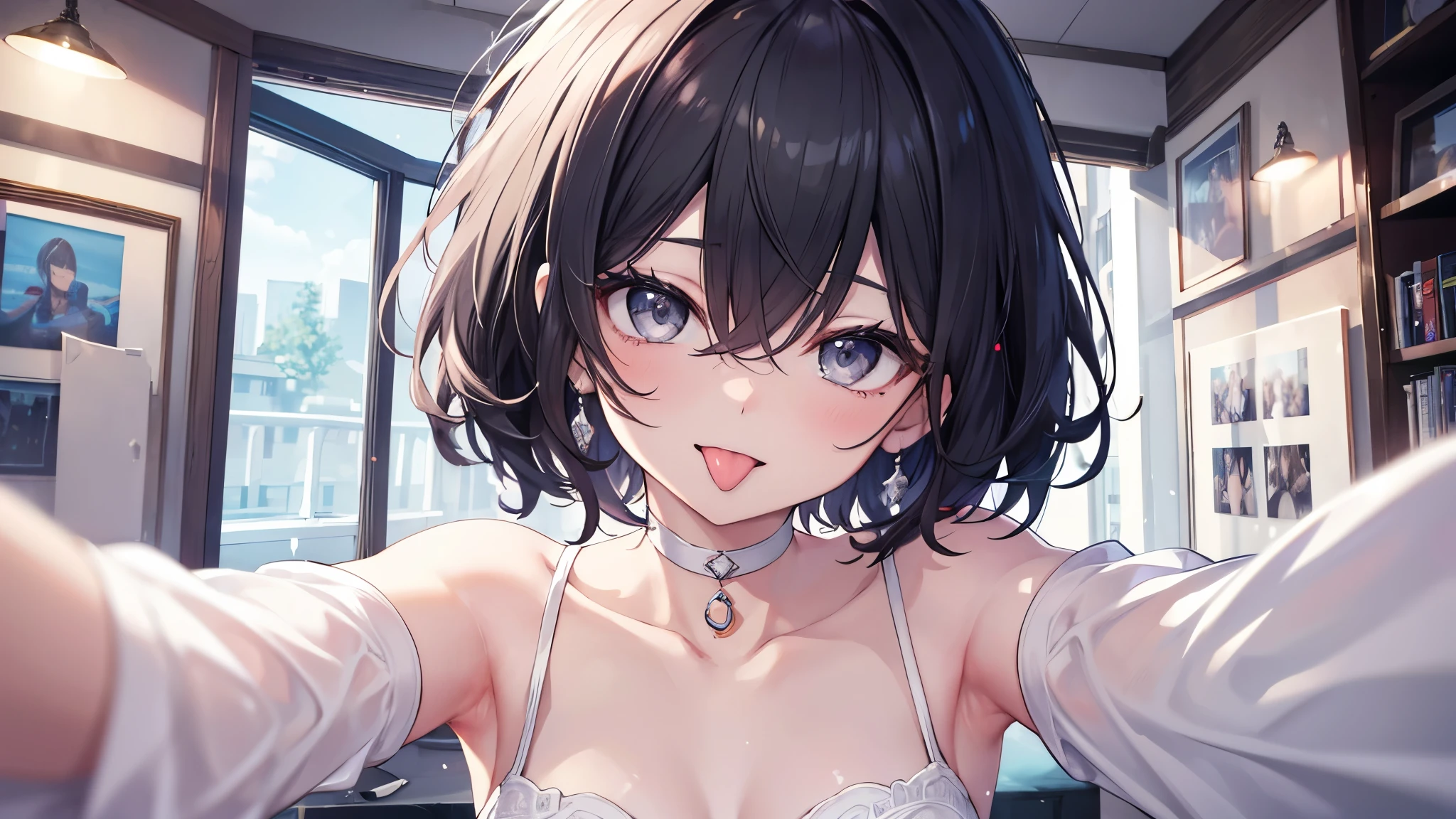 (best quality), (Super detailed), (Best Illustration), (masterpiece), score_9, score_8_up, score_7_up, (8k), (1woman), (black bra:1.2), (large breasts), {brown hair, (sideburns), (bob cut:1.3), curly hair, hairs between eyes, colored inner hair}, {(detailed eyes), twinkle(in the eyes), blue eyes}, blush, earring,