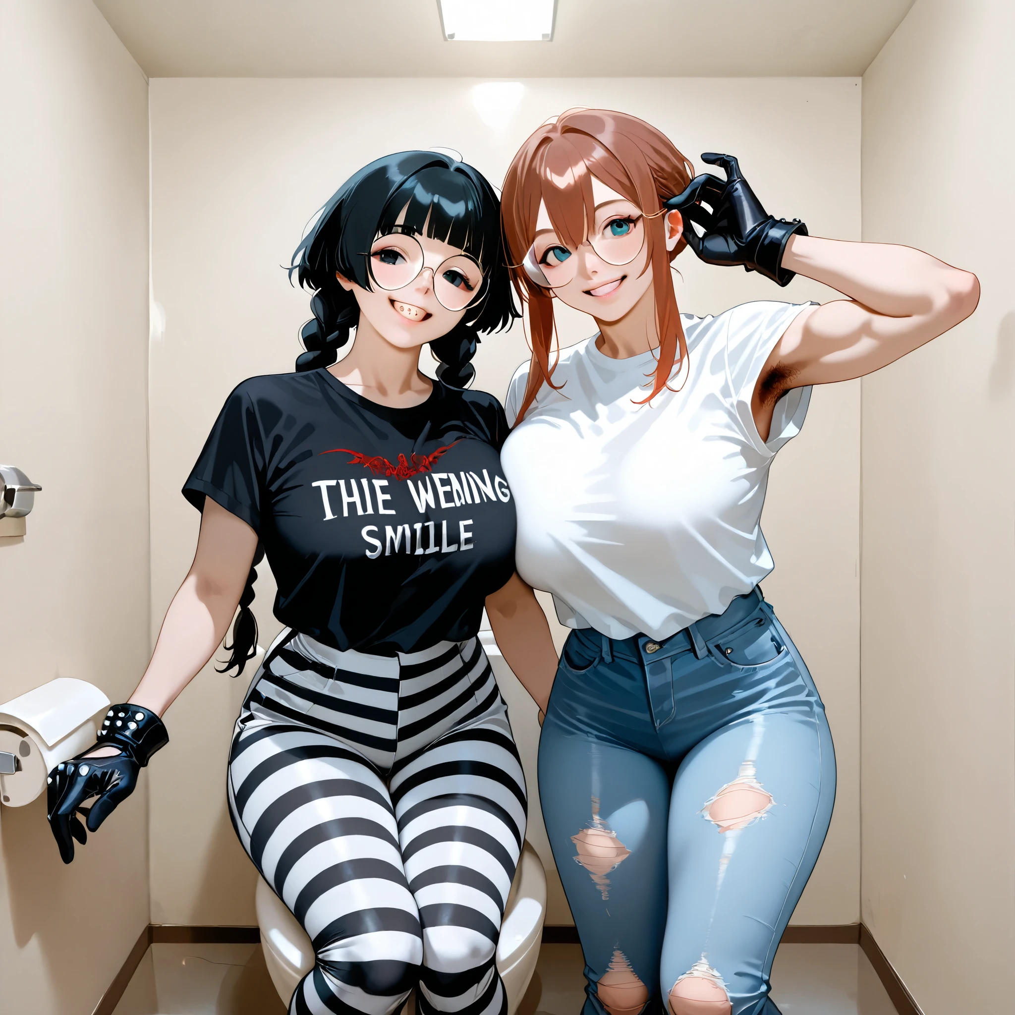 ((2girls)) , (LFB:1.1) Photograph of an ugly 18-year-old brown-haired woman, Two braided braids , round glasses, braces, white too short T-shirt with a unicorn on it, armpit hair , Jeans hot pants over colorful striped pantyhose with holes, Wears Chucks, (inside a changing room) (cramped) (close, asymmetrical docking) (size difference:1.3), pimples on the face .
Accompanied by her anorexic, black-haired emo girlfriend , she doesn't smile, is wearing black and white checkered tight pants, a muscle shirt in black, cropped , Studded gloves and a wild tousled black dyed long hair hairstyle, eyeliner around the eyes , nose ring, both side by side in the toilet cabin, The former is squatting on the glasses from the toilet the emo girl is standing next to it