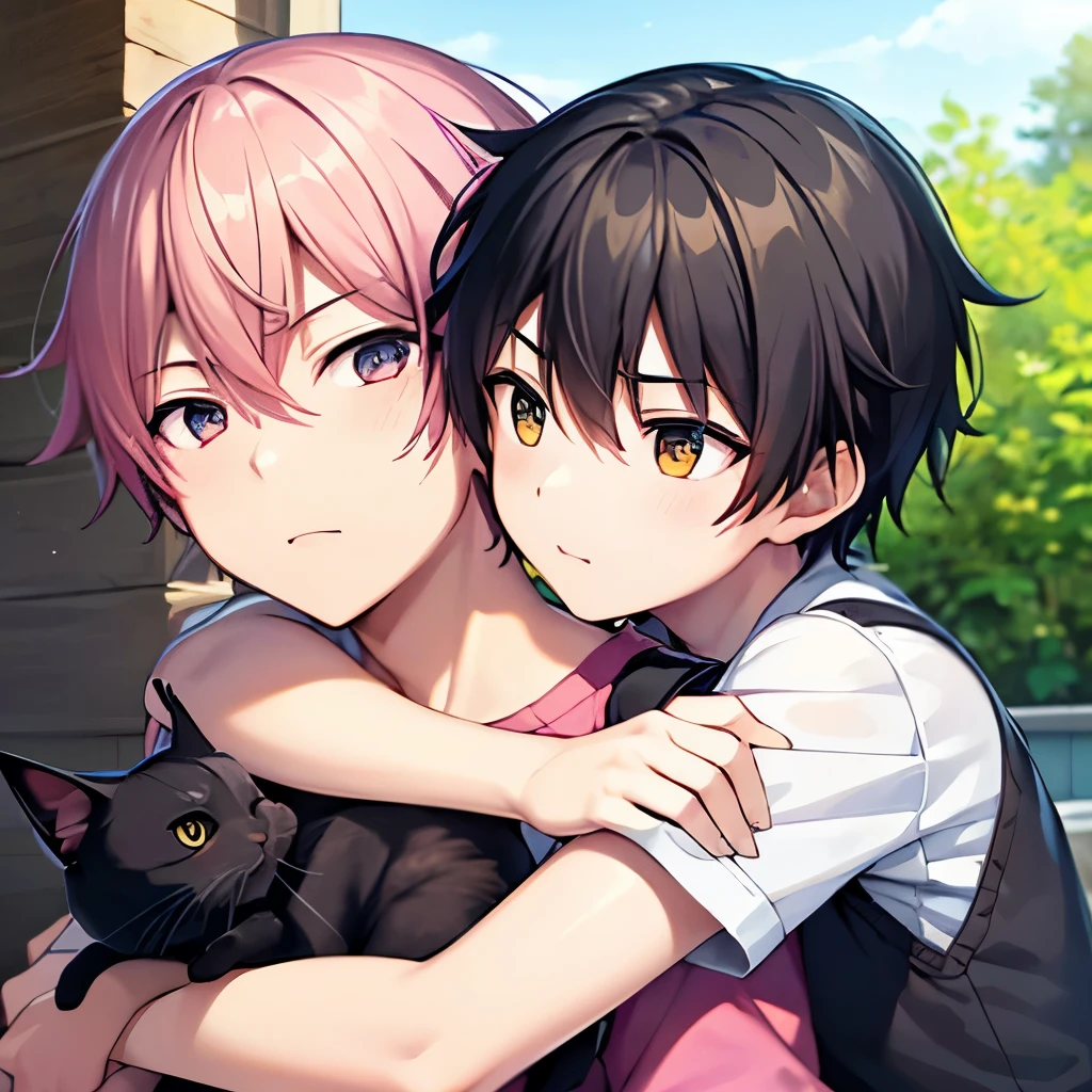  boys、Around 20s、 handsome、handsome、cool、 pink hair 、short hair、bangs、Kind Face、 kind expression、kitten/Hug a black cat、