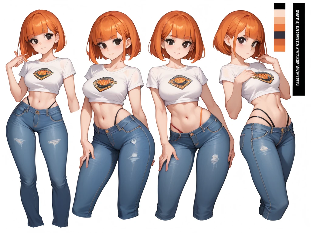 ((Best Quality)), ((Masterpiece)), (((detailed character sheet, frontal view, side view, three quarter view))) white background、one piece、whole body、whole bodyイラスト、whole bodyアニメーション、whole bodyリファレンスシート、denim、Tank top、High heels、Swimwear、bikini、original、New World、Long Hair、Orange Hair、Tattoo on left arm、Ring belt、Heighten your head、smile、Cute face、Narrow waist、Long legs、Beautiful feet、9 heads body、beautiful lady