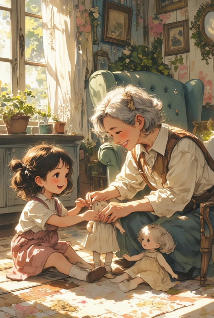 Old dressmaker with her grand son