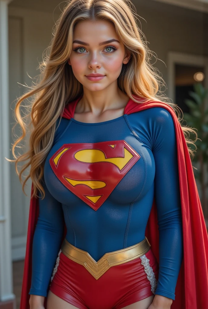 (bright blue eyes) LydiaV, wearing tight supergirl costume, (midriff visible), blue shoes, ((full body shot)), Standing pose,  (35mm, F/2.8) Photo Focus, DOF, Aperture, insanely detailed and intricate, character, hypermaximalist, beautiful, hyper realistic, super detailed, beautiful woman, ((detailed eyes)), long eyelashes, (glossy lips), flying over city, wearing supergirl costume, cleavage, large breasts, perfect perky breasts, underboob visible, ((cleavage)) big , push up bra, hair in ponytail 