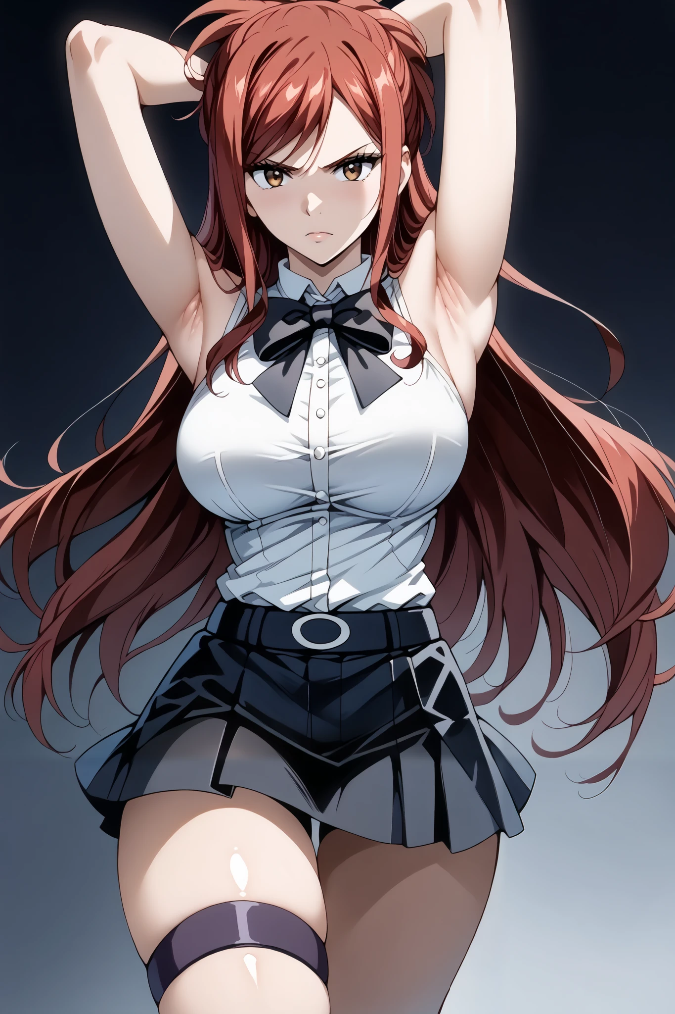 score_9, score_8_up, score_7_up, source_anime, 4K,perfect fingers,(perfect hands, perfect anatomy),prefect lighting, very aesthetic, intricate details,highly detailed background, masterpiece, high quality, best quality,
1 girl,solo,erza knightwalker, red hair, brown eyes, long hair, straight hair,mature female,large breast,,
wearing ((black bowtie,white shirt,sleeveless, off shoulder, black skirt, suspender skirt, thigh strap, )),,
((White plain background:1.5)) , looking at viewer, (angry),((armpits,arm up:1.5)), (perfect hands, perfect anatomy),cowboy shot, filed, high thigh individual , fullbody,Stand up,((front look:1.5)),
