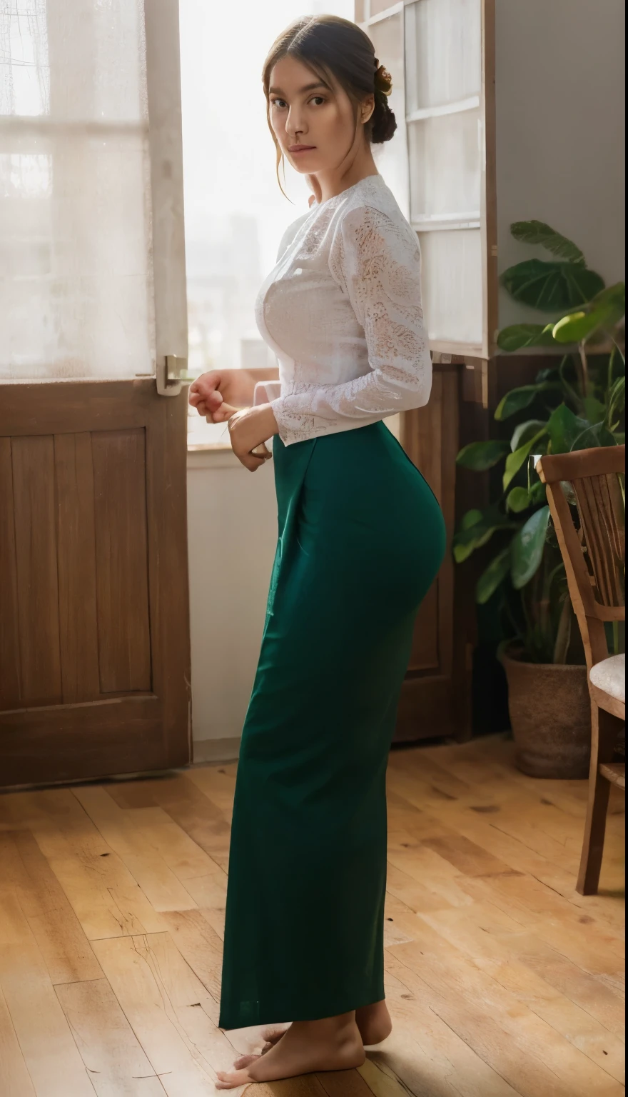 “A poised young woman with long brown hair stands in a minimalist home, wearing a dark green cotton ACMM Sayarma skirt and a delicate long-sleeve lace ACMM Sayarma white shirt. The intricate lace embroidery and flowing skirt exude elegance. Natural light highlights her soft expression and the serene ambiance of the wooden-furnished space, blending cultural grace with modern simplicity.”, more realistic and more detailed human texture, detailed face texture, detailed dress texture
“A high-resolution close-up of dark green cotton fabric with a fine weave, soft yet structured, forming gentle folds with a natural matte finish.”
“A hyper-detailed white lace fabric with intricate floral embroidery, semi-transparent with delicate light and shadow play, enhancing its refined texture.”
“A photorealistic polished wooden floor, rich with natural grain, subtle imperfections, and a warm, organic glow reflecting ambient light.”
“A soft cotton fabric with visible fibers and natural creases, its matte surface exuding warmth, depth, and realism.”
“A high-detail marble surface with smooth, flowing veins, subtly reflective, capturing natural patterns with elegance and depth.”, Full cotton thick dark green cotton skirt, round ass, big hips, beautiful hips and ass texture, tidy hips and ass texture, big breasts, round breasts, beautiful breasts, perfect waists, perfect body, pretty face