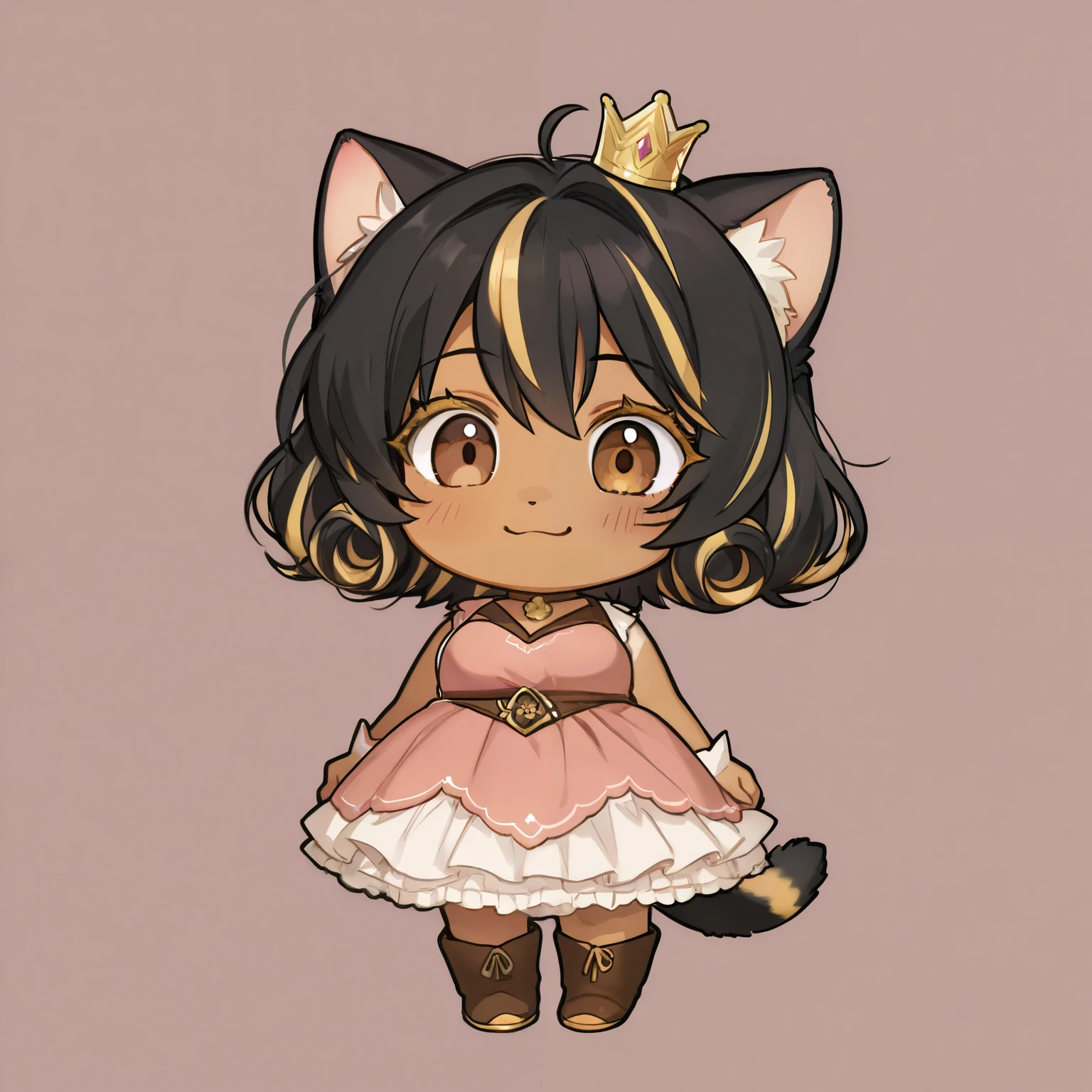 Brown skin, long curly black hair, blonde streaks, cute, frilly dress, brown eyes, thick blonde eye lashes, cat tail, cat ears, fur boots, curvy, curvaceous , chibi, chibi version, solo, plump figure.