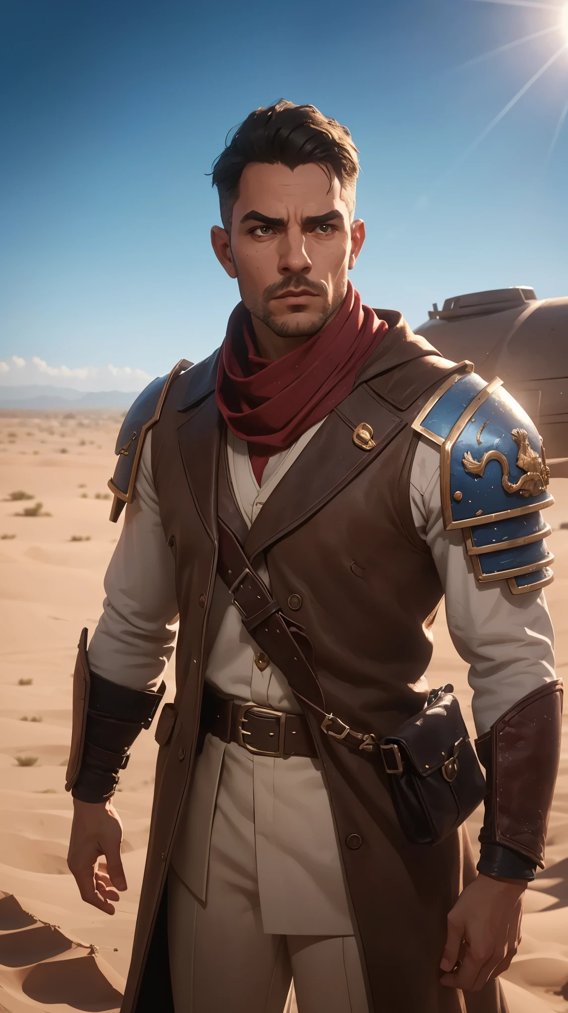 1guy, professional photo of pat32, (wearing dirty beige coburn great coat), red Shemagh scarf, armour shoulder pieces, leather bandolier, perfect brown eyes, upper body shot low lighting, moody, large depth of field, warhammer 40k, deep depth of field, highly detailed, (bright, good lighting, bright frontal light), three quarter shot, frontal image, standing in open desert terrain, sun, blue sky,  looking to right, (upper body portrait), si-fi communication device on belt, ((soft light illuminating face)), confident, manly