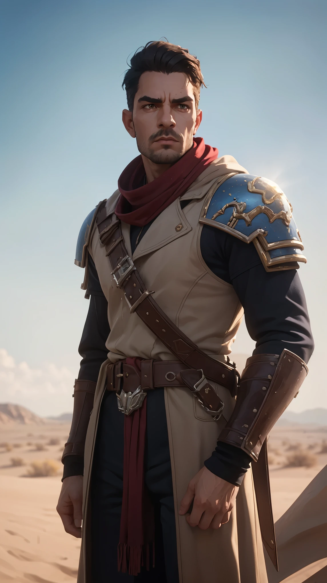 1guy, professional photo of pat32, (wearing dirty beige coburn great coat), red Shemagh scarf, armour shoulder pieces, leather bandolier, perfect brown eyes, upper body shot low lighting, moody, large depth of field, warhammer 40k, deep depth of field, highly detailed, (bright, good lighting, bright frontal light), three quarter shot, frontal image, standing in open desert terrain, sun, blue sky,  looking to right, (upper body portrait), si-fi communication device on belt, ((soft light illuminating face)), confident, manly