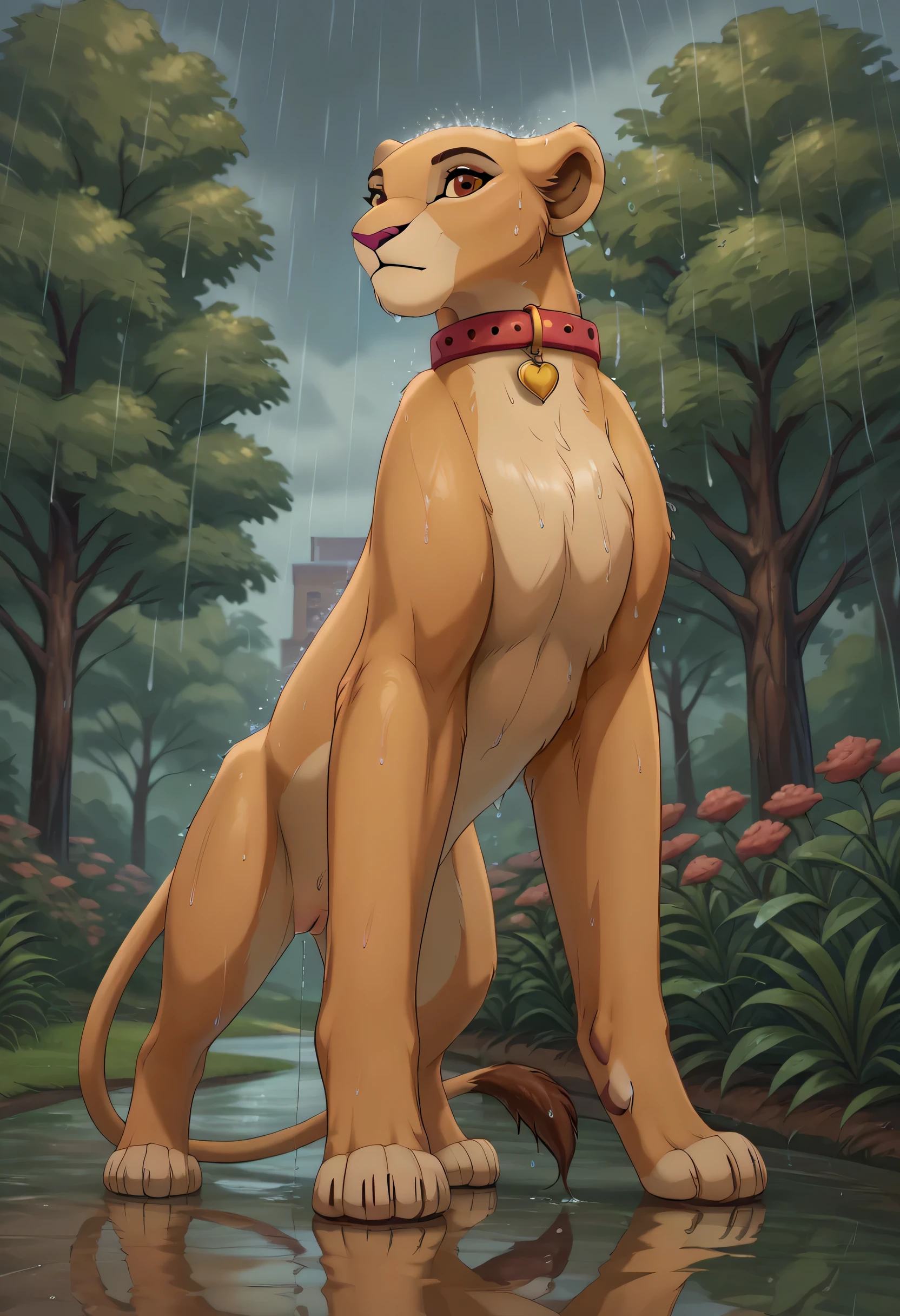 score_9, score_8_up, score_7_up, score_6_up, absurdres, furry art, far shot,solo, kiara, lioness, (((feral))), full body, quadrupped, female lion, reddish brown eyes, fullbody, collar, wet fur, tail, extra fluffy, ((quadruped)), rain, park, ((feline pussy)), view from below, (((three quater back view))), detailed background
