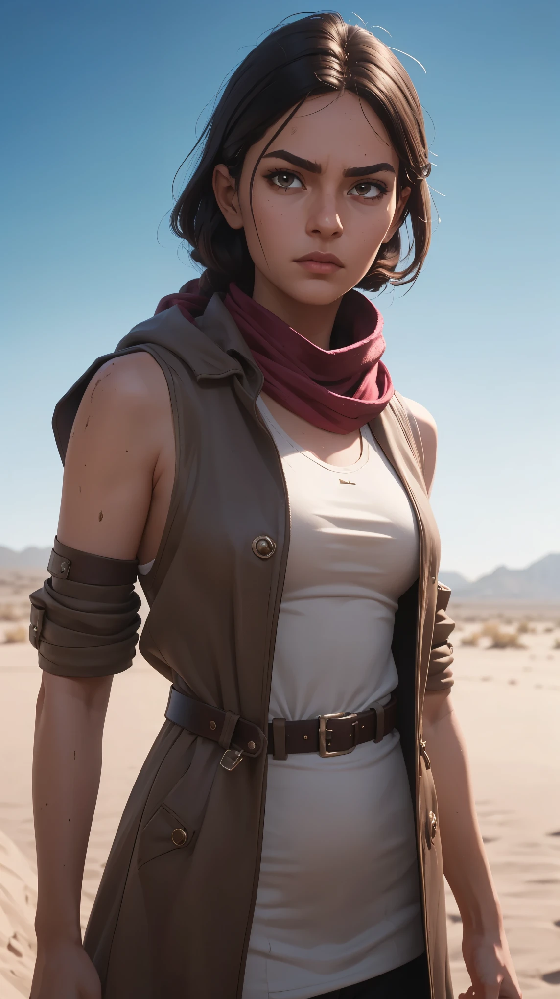 1girl, professional photo of pat32, (wearing dirty beige sleeveles coat), Shemagh scarf, leather bandolier, perfect brown eyes, upper body shot low lighting, moody, large depth of field, warhammer 40k, deep depth of field, highly detailed, (bright, good lighting, bright frontal light), three quarter shot, frontal image, standing in open desert terrain, sun, blue sky,  looking to right, (upper body portrait), si-fi communication device on belt, ((soft light illuminating face))