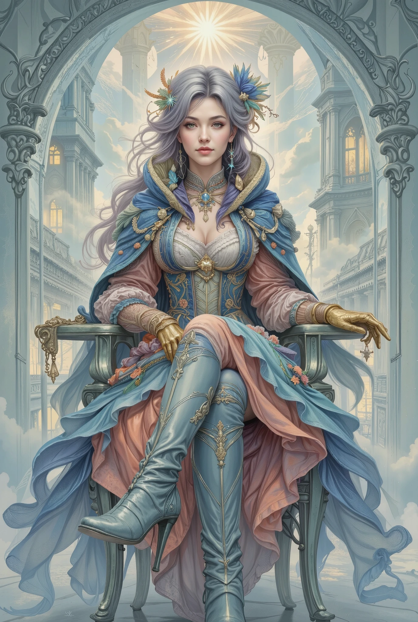 A beautiful female priestess, sitting with her legs stretched out on a glass chair with armrests, a Victorian-style wind and cloud outfit with a blue and coral base, long silver hair (her long silver hair is tied back), she holds a rod sparkling like a star. The flowing silhouette, the outfit has a lot of frills and lace, the cuffs and collar are decorated especially elegantly, a high collar and a scarf, high and narrow boots on her feet, a velvet cape with a hood, gold gloves. High-definition character, Super-detailed images, Concept art of an RPG character, Concept art of a video game character, Highly detailed linear drawing, Ink drawing with low saturation, but bright, so unreal that lace and embroidery are clearly outlined against the background of fog and distorted buildings, and in the distance - a strange sky.,