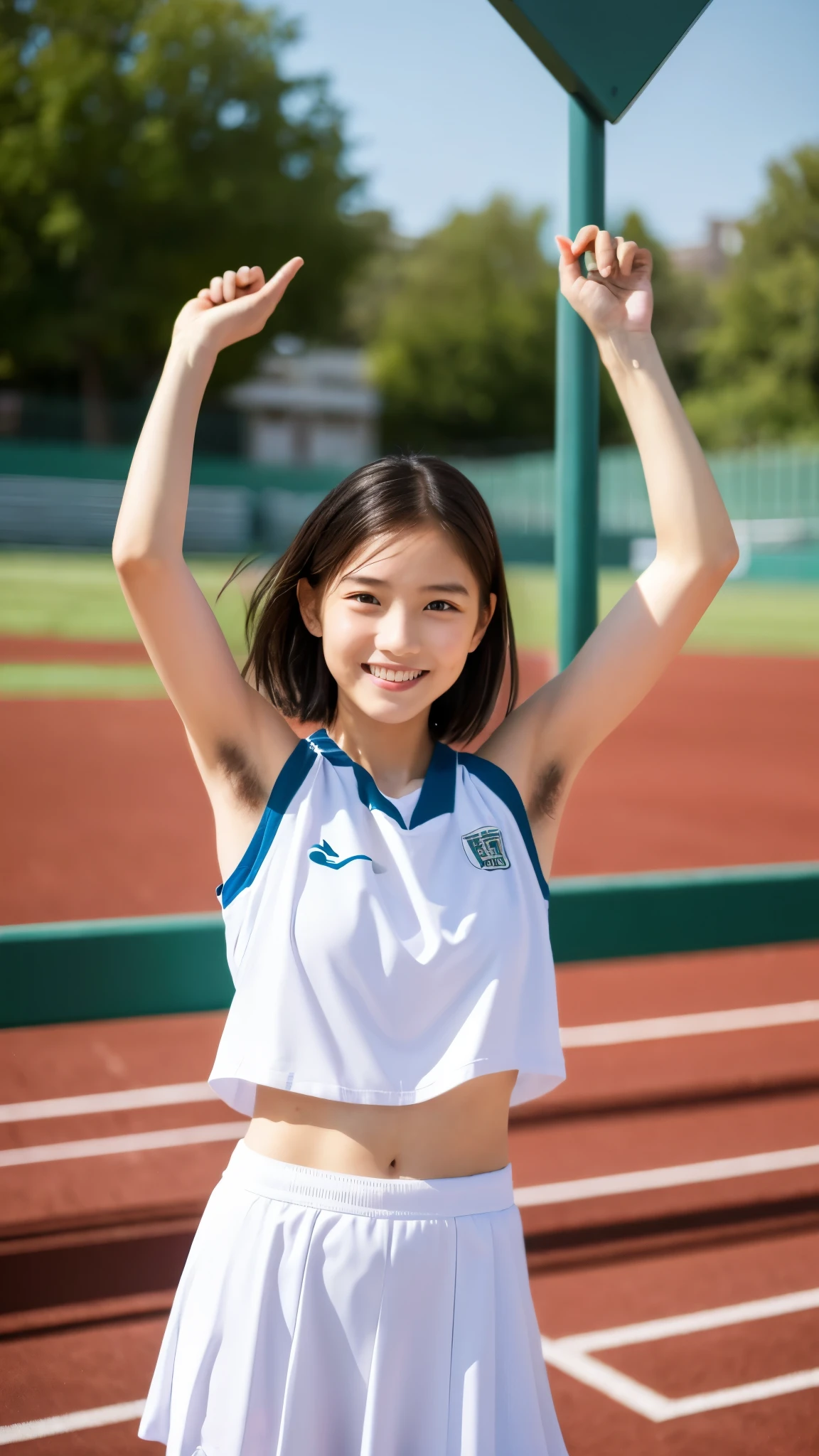 ( one girl:1.3), short hair, Raise your hand at the, armpit hair:1.5, has amazing faces and eyes , looking at the camera , joyful smiles、 is very thin in the classroom :1.5, big round eyes:1.5、droopy eyes:1.5, athletic stadium, athletic stadiumで手を挙げて, 脇のDownを見せて:1.5, armpit hairを見せて:1.5, , ( athletic uniform :1.2), ( Highest quality :1.4), Highly Detailed CG Integration 8k Wallpaper, Wearing black trousers , high-definition RAW color photo , professional photo shoot, Realistic Full Body Portraits, Plain Wallpaper, Open exterior, ( Downを見る, view in viewer :1.0), (Down :1.0)
