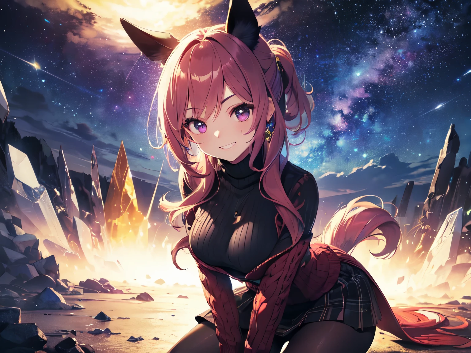 (Solo), (Girl with horse ears and tail), ((Kneeling with arms folded))). Big smile. Showing teeth, looking up, long bangs, thick and long eyebrows, super long hair and ponytail blowing in the wind, red hair, (Purple eyes), long hair, gems, jewelry, ((Blue cable knit turtleneck sweater, skirt, black pantyhose, hole in chest)). ((Crystal zone, ground covered with crystals, crystals, starry sky, dark background). ((Focus on cleavage, close-up of upper body)), (3D rendering, 3D lighting, 3D shadows, full anatomy, UHD, Retina, masterpiece, accurate, anatomically correct, ultra detailed, high quality, award winning, best quality, high resolution, 16k)