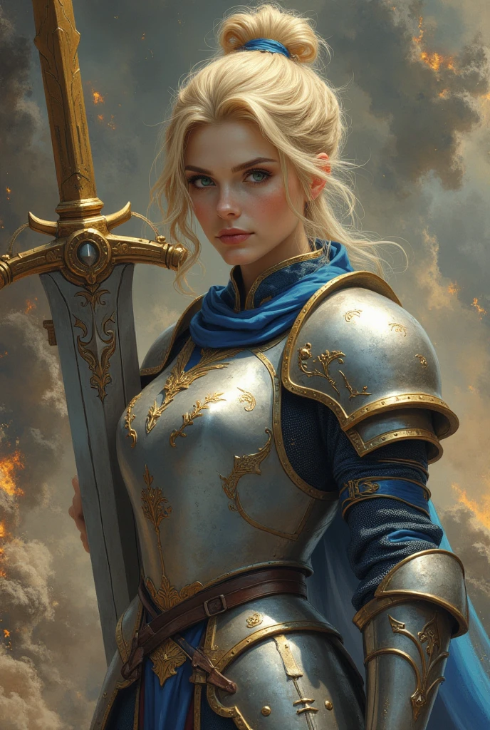 Beautiful woman with blonde hair, hair up in a bun, braided bun, coronet, pinned with a blue ribbon, green eyes, noble and wise, wearing a blue battle dress and a silver breastplate, holding a golden and blue blade, highly detailed, hyper-realistic, 8k, cinematic lighting, dramatic pose, fantasy art, digital painting, vibrant colors, dynamic composition, intricate details, knight, female knight, ((based off fate stay knight Saber))