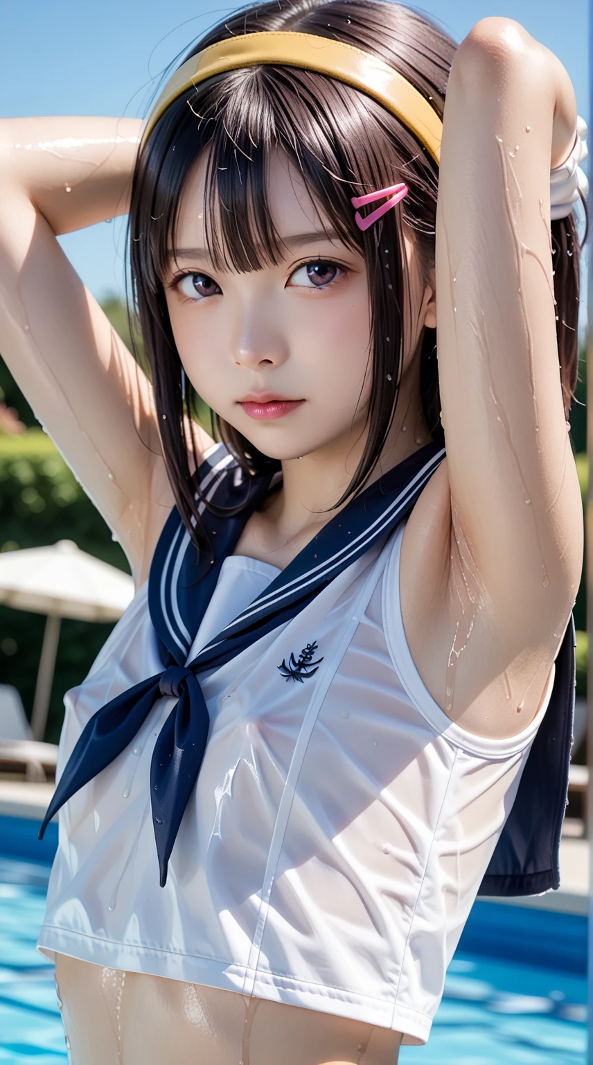 ((highest quality、master piece:1.3))、２０1  girl、Beautiful girl emphasizing slender abs:1.3、((casual hairstyle、huge breasts:1.2、constricted waist、Sheer nipples、See-through clothing))、Wet string clothes:1.2、super detailed face、detailed eyes、double eyelid、naked、full body portrait、sexy sailor suit、((bend one&#39;s body、naked)、wet body、((short bob cut、naked、Hide the pubic area with your hands、tropical resort、Beautiful woman、See-through sailor suit))、Hide the pubic area with a string、Beautiful woman