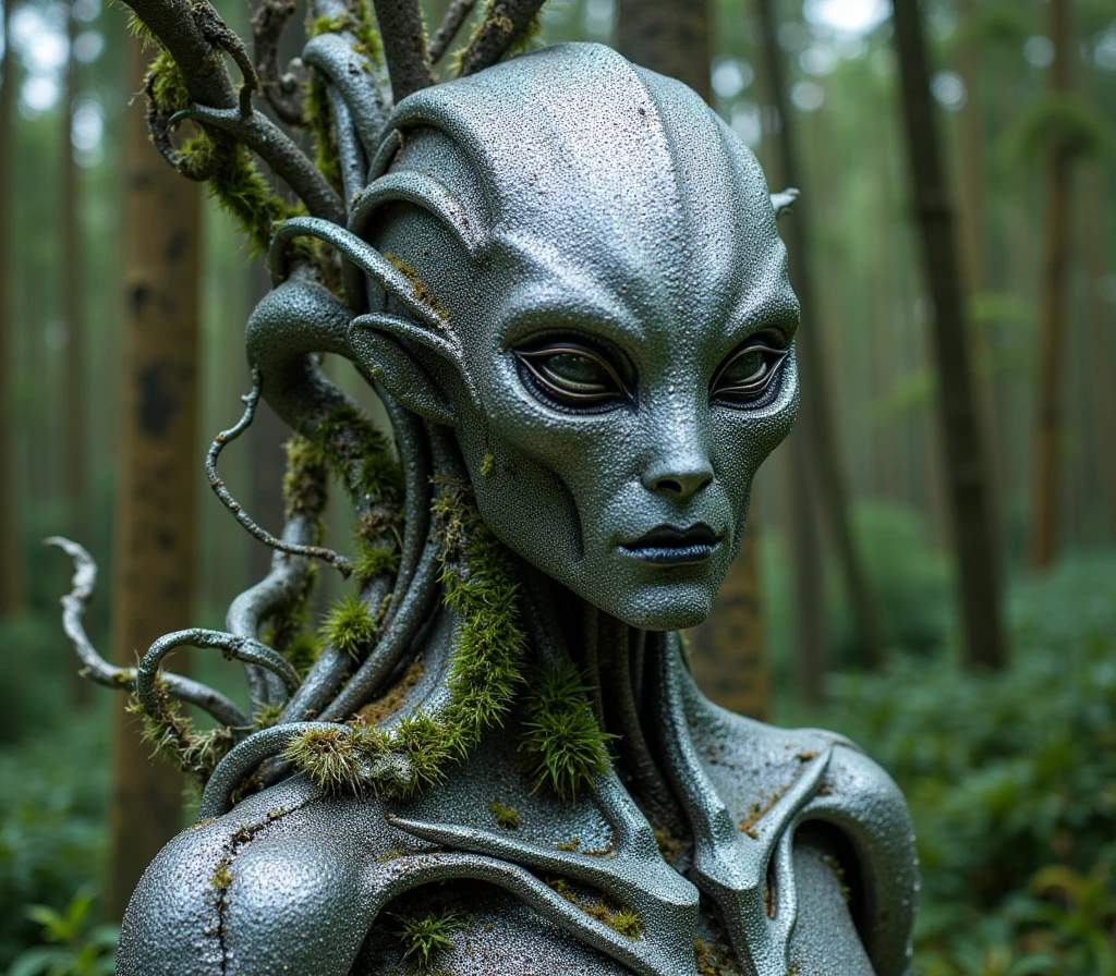 hd quality, metallic colour image,In a forest on an alien planet , 24 year old male, silver face and hair , dull silver empty eyes, blank expression face can just be seen as trunk of a silver sparkly tree but he has been transformed and merged entirely into a large covered alien tree. Silver vines coil themselves around him.