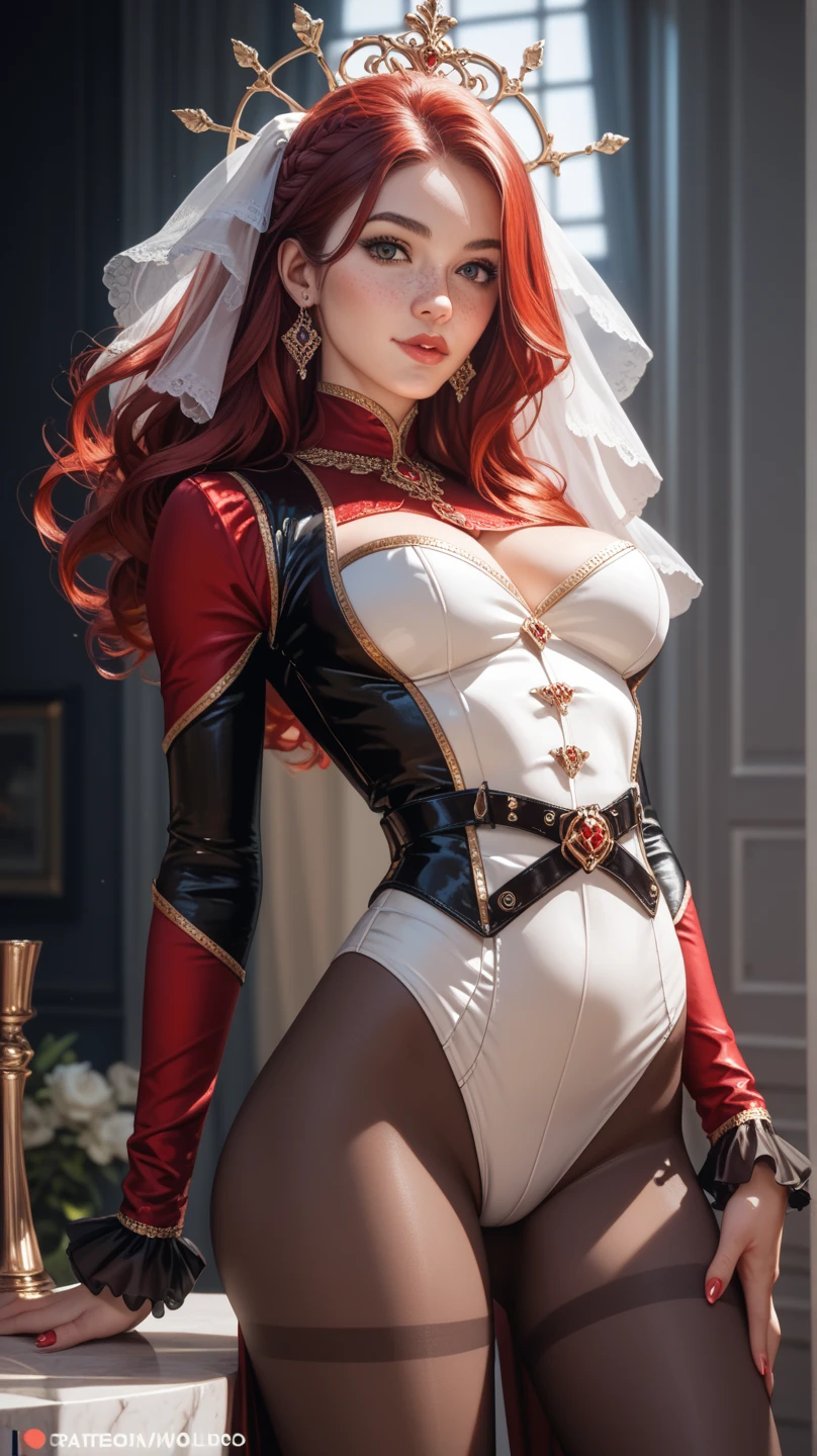 19 year old girl straight brown hair perfect body red hood and cape white shirt with shoulder pads red chorts belt stockings black pantyhose boots tender face creating energy shields with her hands red lips 