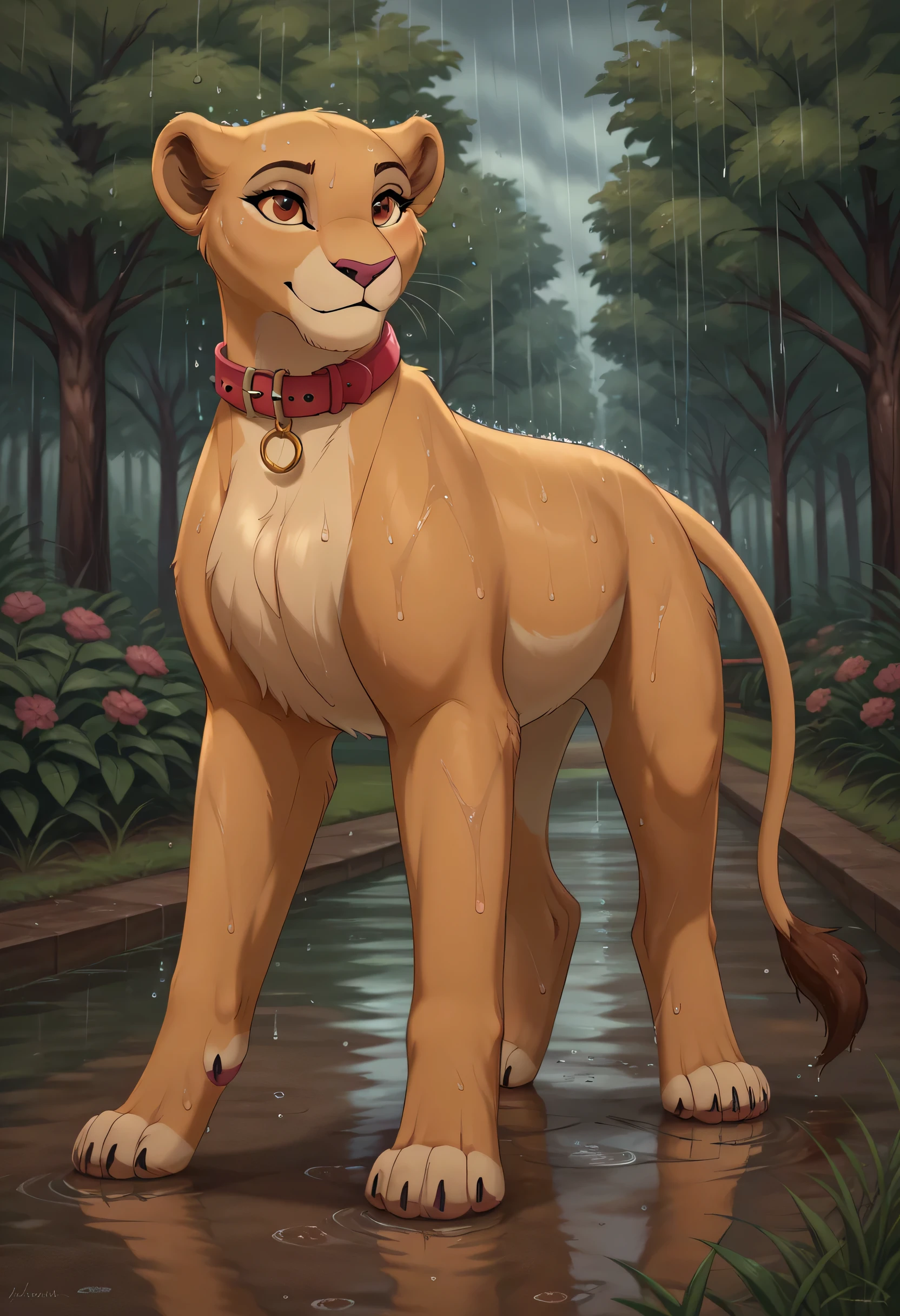 score_9, score_8_up, score_7_up, score_6_up, absurdres, furry art, far shot,solo, kiara, lioness, (((feral))), full body, quadrupped, female lion, reddish brown eyes, fullbody, collar, wet fur, tail, extra fluffy, ((quadruped)), rain, park, view from below, (((three quater back view))), detailed background