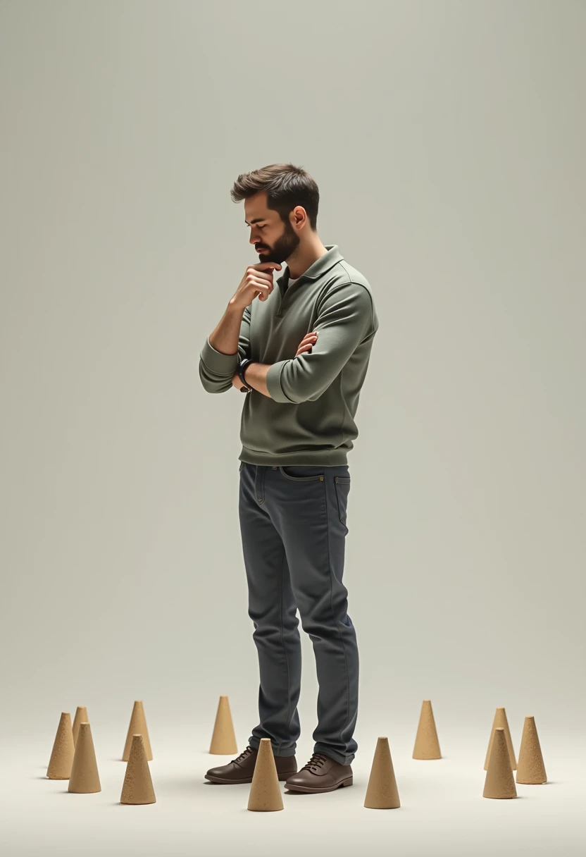 An adult person surrounded by small obstacles focusing on them
