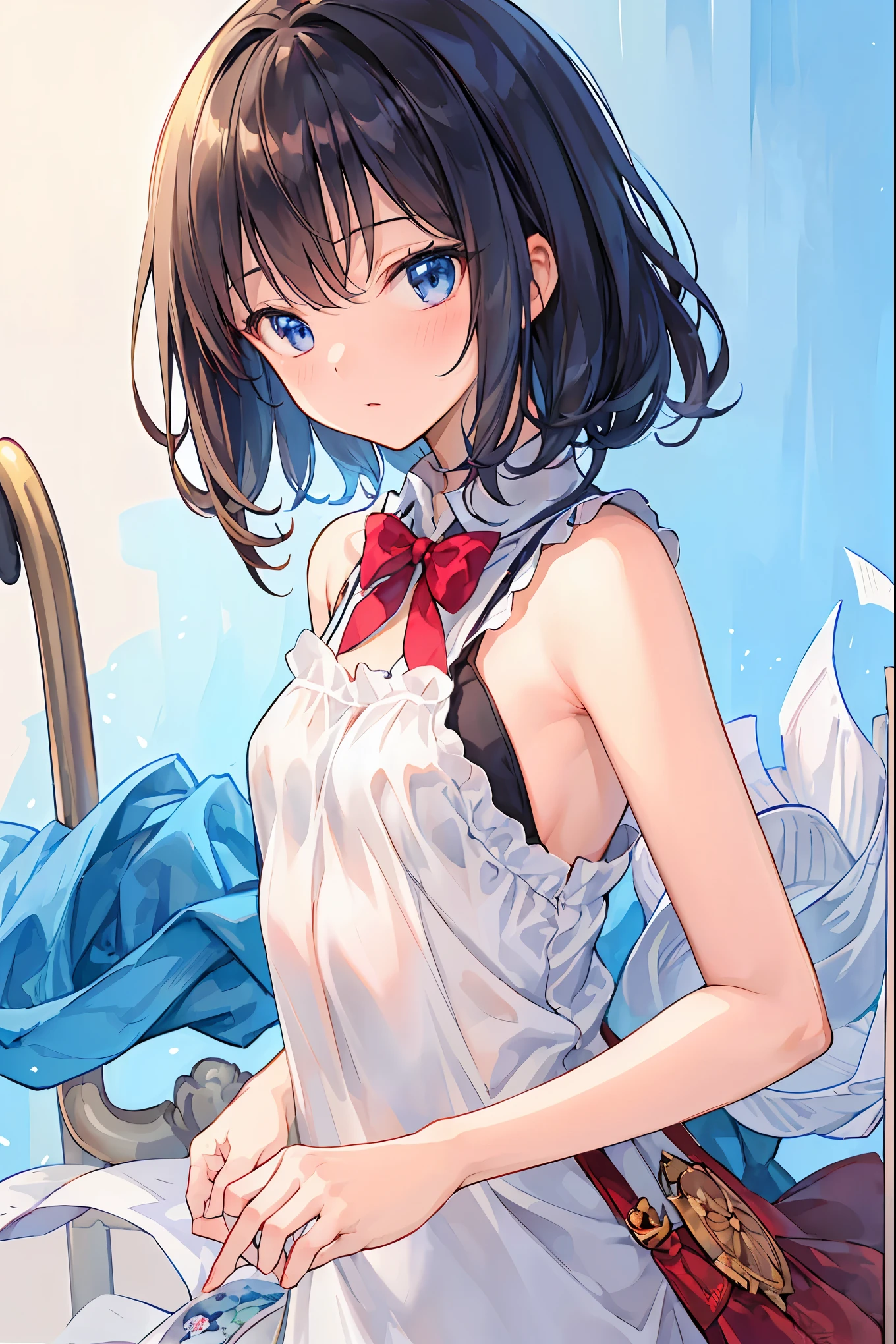 (Close-up:1.4)、(RAW shooting:1.2)、(photorealistic:1.4)、(masterpiece:1.3)、(highest quality:1.4)、solo、7 head and body、(slender and beautiful girl)、cute、(beautiful detailed eyes)、(charming big eyes)、(beautiful double eyelids)、(beautiful and detailed face)、(smile full of joy:1.3)、(Medium chest:1.2)、(cleavage)、(erect nipples:1.2)、(full body shot)、8K、(muste piece:1.2)、(pale blue hair、short bob:1.3)、(Bangs Patsun)、(headdress、white blouse、black ribbon、White Apron、ruffle skirt、puff sleeves、collar、choker、apron with fine ruffles:1.3)、White Knee High Socks、black maid costume、(Sexy model pose with chest sticking out:1.3)、cowboy shot、view audience、(small butt)、(beautiful hands)、(beautiful thighs)、cute系、(perfect anatomy:1.2)、ancient city、
