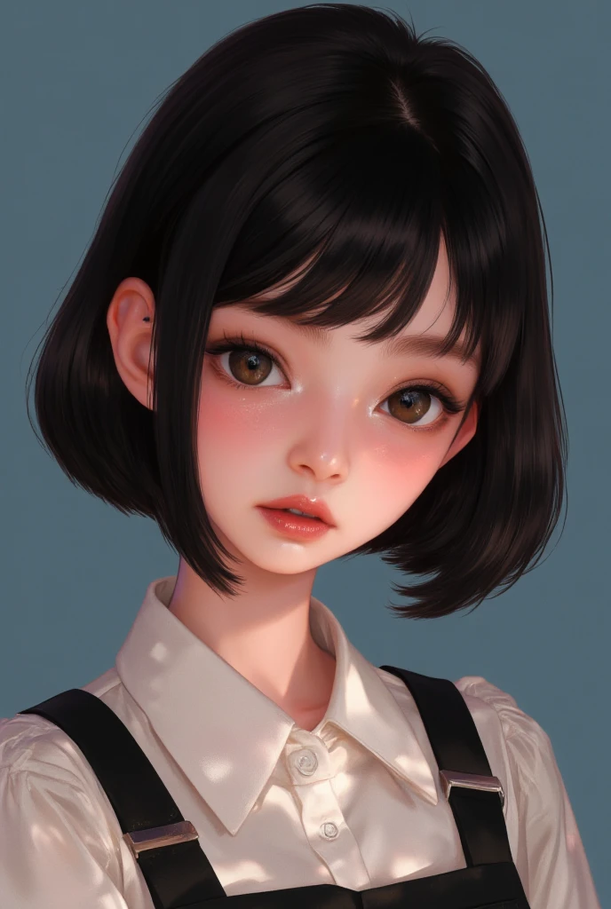 Amazing portrait of a cute goth woman with her short black hair in a bob hairstyle and she's wearing heavy eyeliner around her eyes and she's gazing at you seductively she wears an off shoulder t shirt that is orange and black with black bra straps 