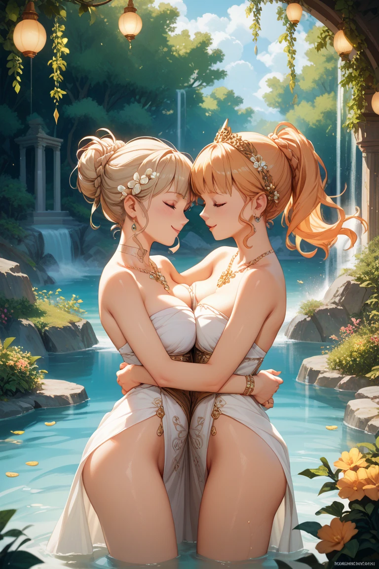 2 women, blonde very long hair, red eyes, wearing a sexy pink dress, side slit, ultrasharp, looking at the viewer, ((best quality)), ((masterpiece)), (detailed), perfect face, big breast, sexy body, sexy woman on top of her, hugged, An anime scene of two girls hugging and kissing intensely, with hearts and sparkles floating around them as they lie down in pool of water