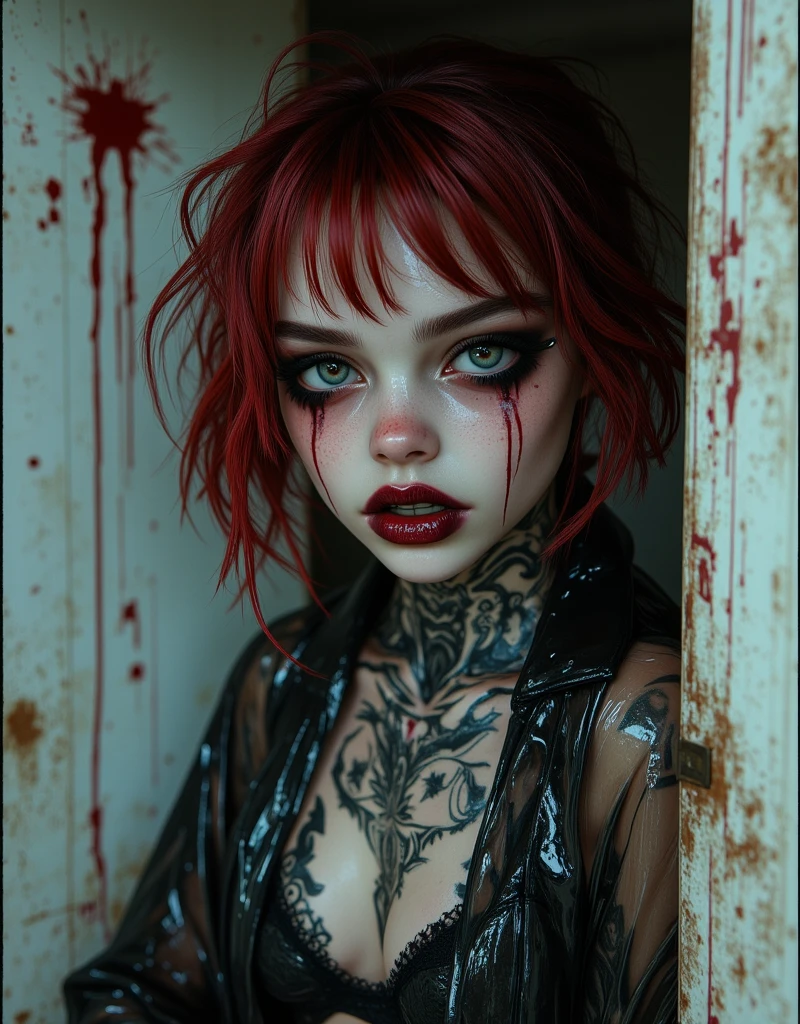 (Masterpiece, high quality, 4k) muscular, goth woman, red and black hair, war paint, exposed tits