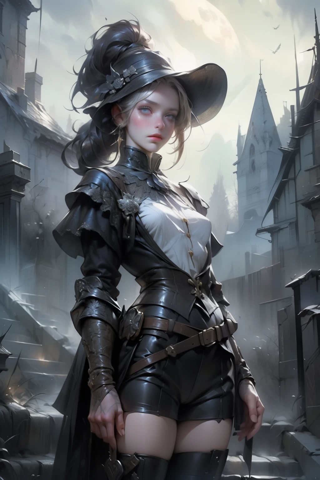 ((best quality)), ((masterpiece)), (detailed), score_9, score_8_up, score_7_up, score_6_up, (1girls), a female occultic knight, witch, knight, wielding a rapier-like sword, perfect face (((mastepiece, of the highest quality, super detailed))), photorealistic, Dark fantasy art, dark fantasy, ((gothic art)), ((Bloodborne inspired)), (Victorian era inspired), (Brotherhood Of The Wolf inspired), (typical witches hat sharing design features of a hunter's cap), (leather trousers with buckles and belts), (occultic vibe), (cosmic horror vibe), (occultic military uniform), (military witch), ((intricate and beautiful cloth and leather clothing)), ((thigh high strapped leather boots)), ((complex buckled leather boots)), (regal and elegant, a person of great social importance), ((mature, foreboding atmosphere)), ((dark and gloomy)), ((((Highly detailed face)))), small thin nose, Small thin lips mouth, (((Very sharp focused eyes))), ((perfect symmetrical beautiful eyes)). looking here, (resolved expression), (resolute expression), (sad face), beautiful (((very small breasts))), (((little boobs))), (((tiny breasts))), (((flat chest:0.1))), (((very tiny boobs))), (((very flat chested))), ((brunette)) hair, ((long ponytail, thick ponytail, heavy ponytail)), very long eyelashes, soft lighting