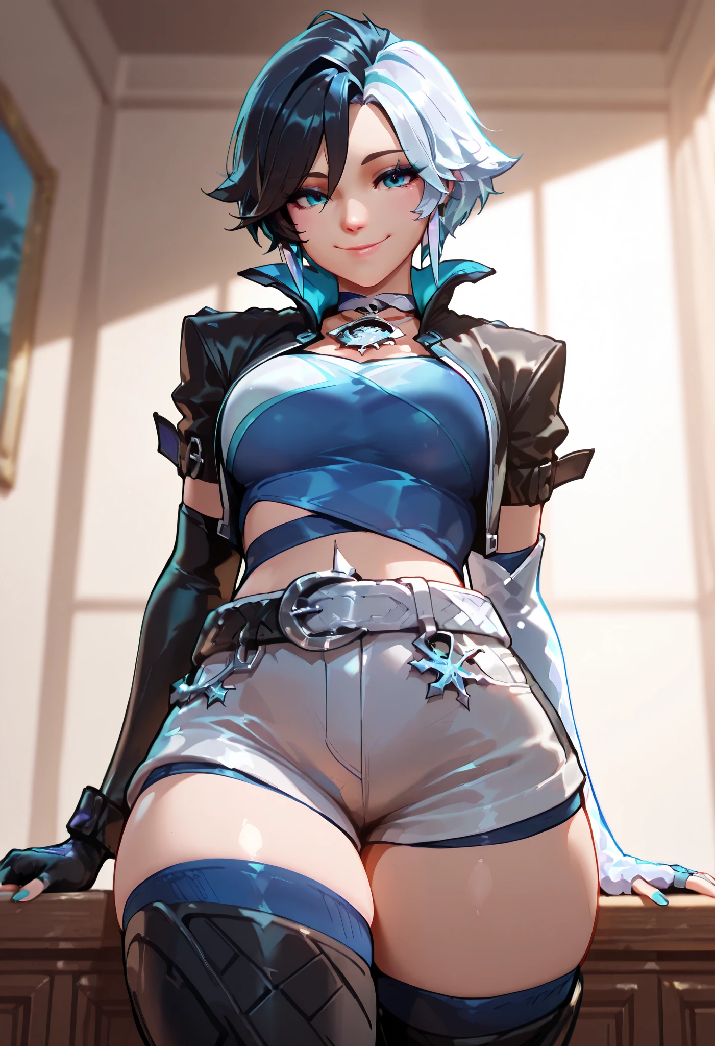 masterpiece, best quality,absurdres, ultra-detailed, high resolution,
luna_snow, 1girl, gloves, fingerless gloves, shorts, solo, cropped jacket, thighhighs, jacket, elbow gloves, belt, blue shirt, smile, single fingerless glove, black jacket, multicolored hair,