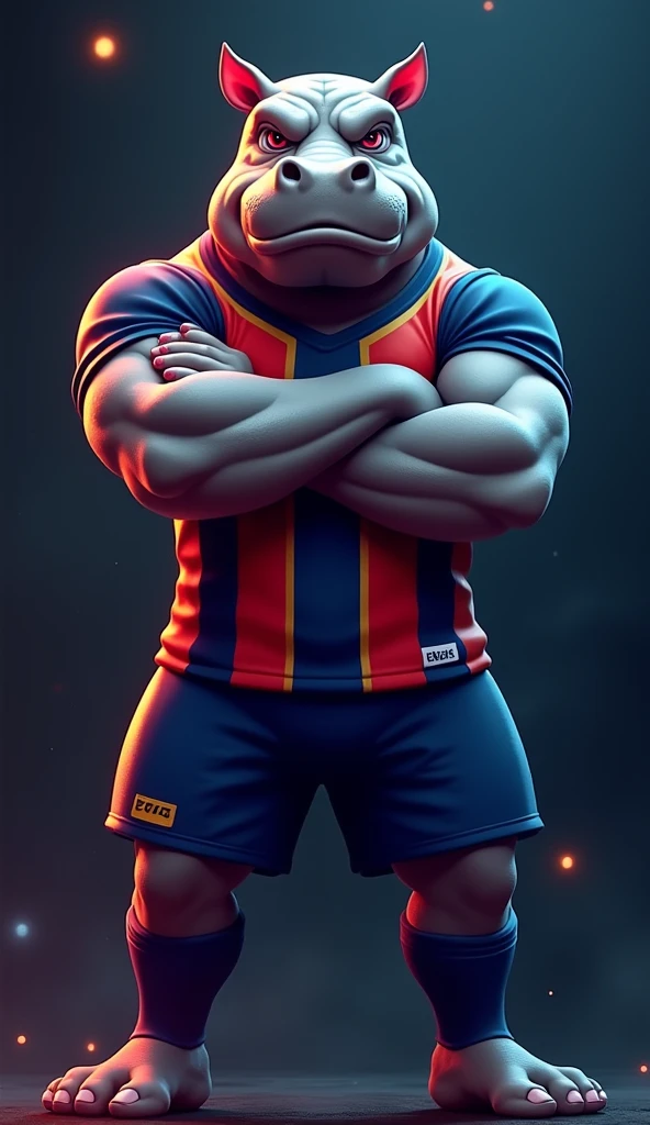 A powerful and fierce hippopotamus mascot for an e-sports club, standing with arms crossed in a dominant pose. The hippo has an intense and aggressive expression, exuding confidence and strength. It wears a navy blue and red uniform: a jersey with vertical blue, red, and gold stripes, navy blue shorts, and navy blue socks. The background is dark with subtle details, such as abstract neon lights, digital patterns, or a futuristic gaming aesthetic, enhancing the bold and competitive presence of the mascot. High-quality, realistic style with dynamic lighting and shadows, creating an epic and energetic atmosphere.