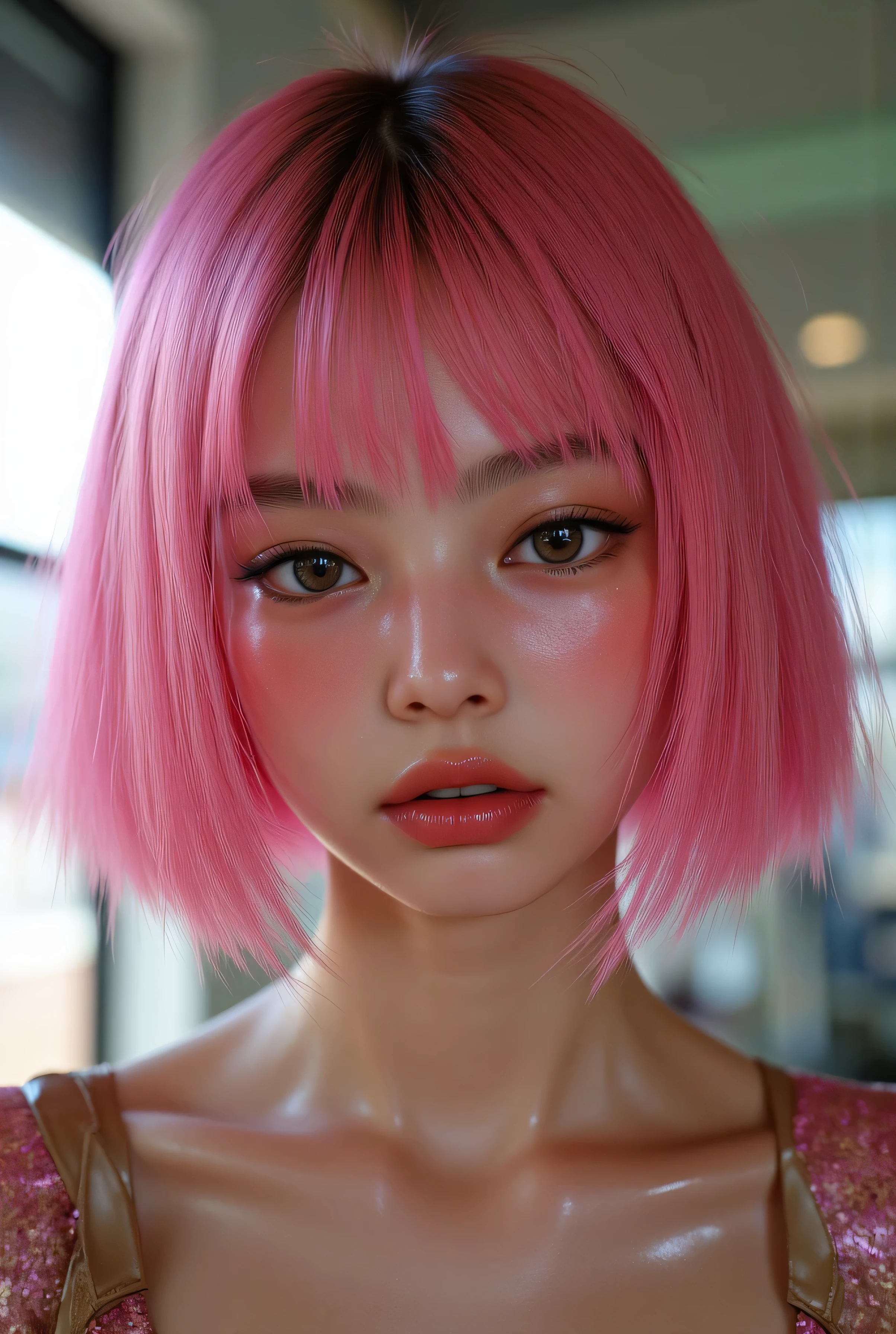 (1 girl,french bob pink haircut, ,,, school girl attire, oily skin, blush,wet skin