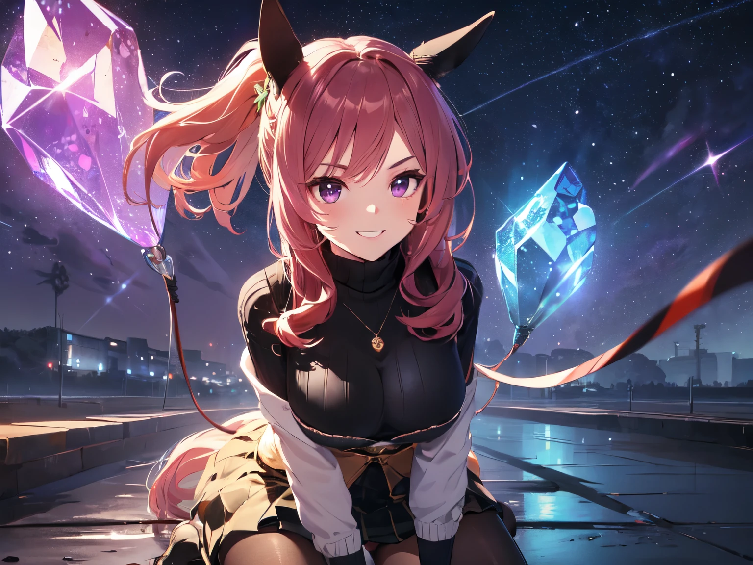(Solo), (Girl with horse ears and tail), ((Kneeling with arms folded))). Big smile. Showing teeth, looking up, long bangs, thick and long eyebrows, super long hair and ponytail blowing in the wind, red hair, (Purple eyes), long hair, gems, jewelry, ((Blue cable knit turtleneck dress, skirt, black pantyhose, hole in chest)). ((Crystal zone, ground covered with crystals, crystals, starry sky, dark background). ((Focus on cleavage, close-up of upper body)), (3D rendering, 3D lighting, 3D shadows, full anatomy, UHD, Retina, masterpiece, accurate, anatomically correct, ultra detailed, high quality, award winning, best quality, high resolution, 16k)