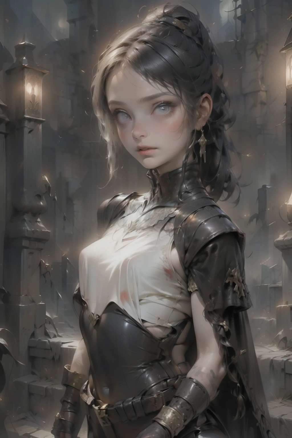 ((best quality)), ((masterpiece)), (detailed), score_9, score_8_up, score_7_up, score_6_up, (1girls), a female occultic knight, witch, knight, wielding a rapier-like sword, perfect face (((mastepiece, of the highest quality, super detailed))), photorealistic, Dark fantasy art, dark fantasy, ((gothic art)), ((Bloodborne inspired)), (Victorian era inspired), (Brotherhood Of The Wolf inspired), (typical witches hat sharing design features of a hunter's cap), (leather trousers with buckles and belts), (occultic vibe), (cosmic horror vibe), (occultic military uniform), (military witch), ((intricate and beautiful cloth and leather clothing)), ((thigh high strapped leather boots)), ((complex buckled leather boots)), (regal and elegant, a person of great social importance), ((mature, foreboding atmosphere)), ((dark and gloomy)), ((((Highly detailed face)))), small thin nose, Small thin lips mouth, (((Very sharp focused eyes))), ((perfect symmetrical beautiful eyes)). looking here, (resolved expression), (resolute expression), (sad face), beautiful (((very small breasts))), (((little boobs))), (((tiny breasts))), (((flat chest:0.1))), (((very tiny boobs))), (((very flat chested))), ((brunette)) hair, ((long ponytail, thick ponytail, heavy ponytail)), very long eyelashes, soft lighting