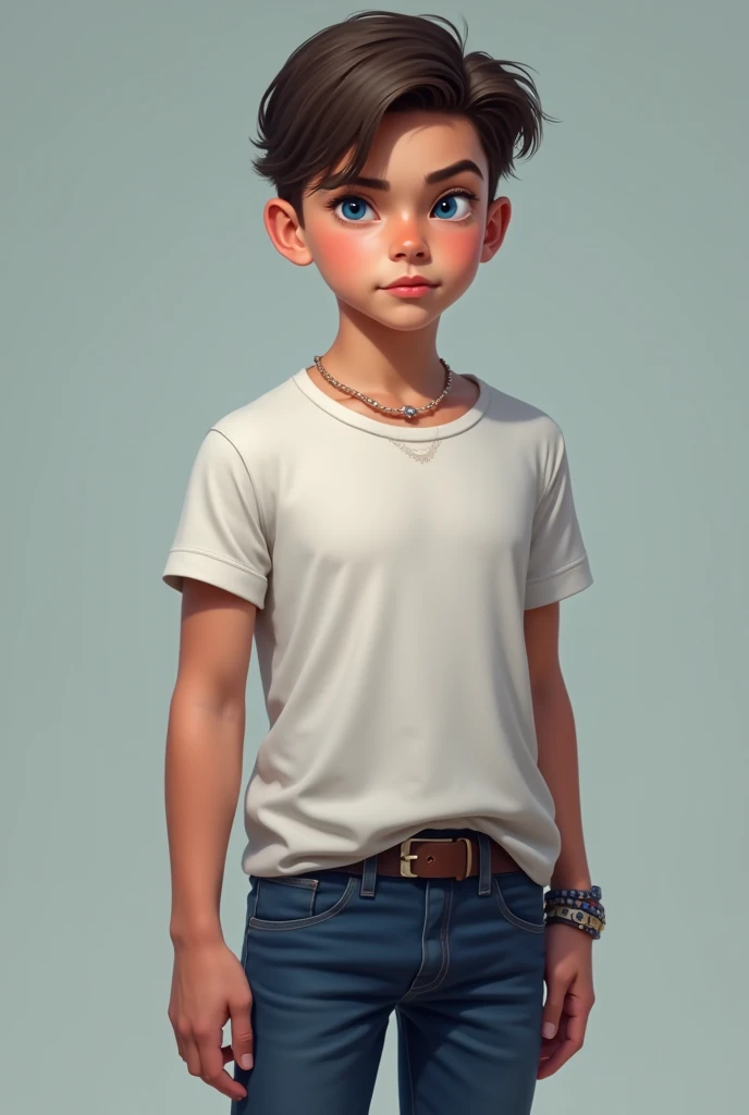 1  boy  (10 yo) , ,, handsome face, random  hairstyle, , seductive smile, grey casual 
t  shirt, short pants, gray background
