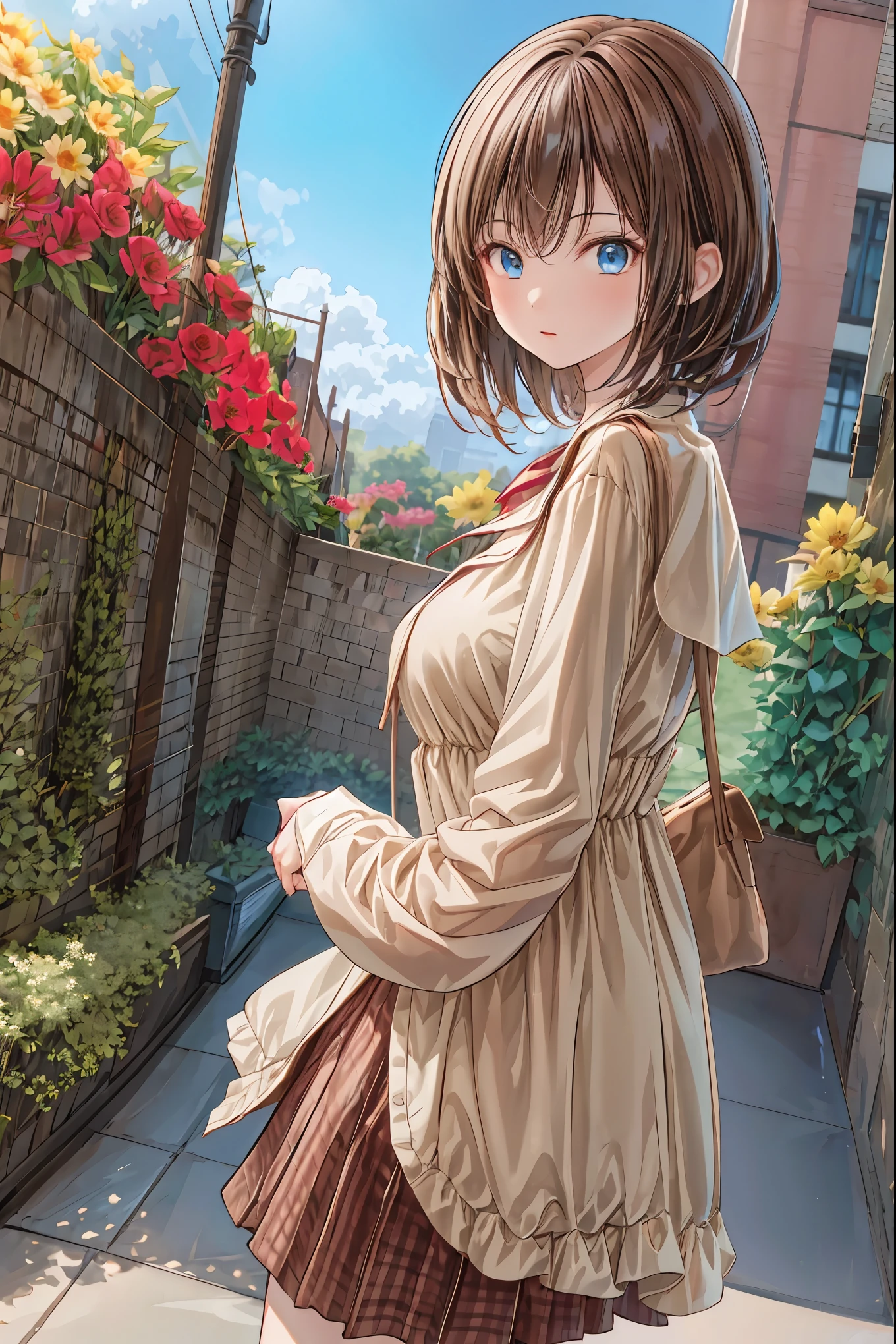 girl stands in a field of flowers 、Looking back , anime style ,4K,PERFECT PROPORTION